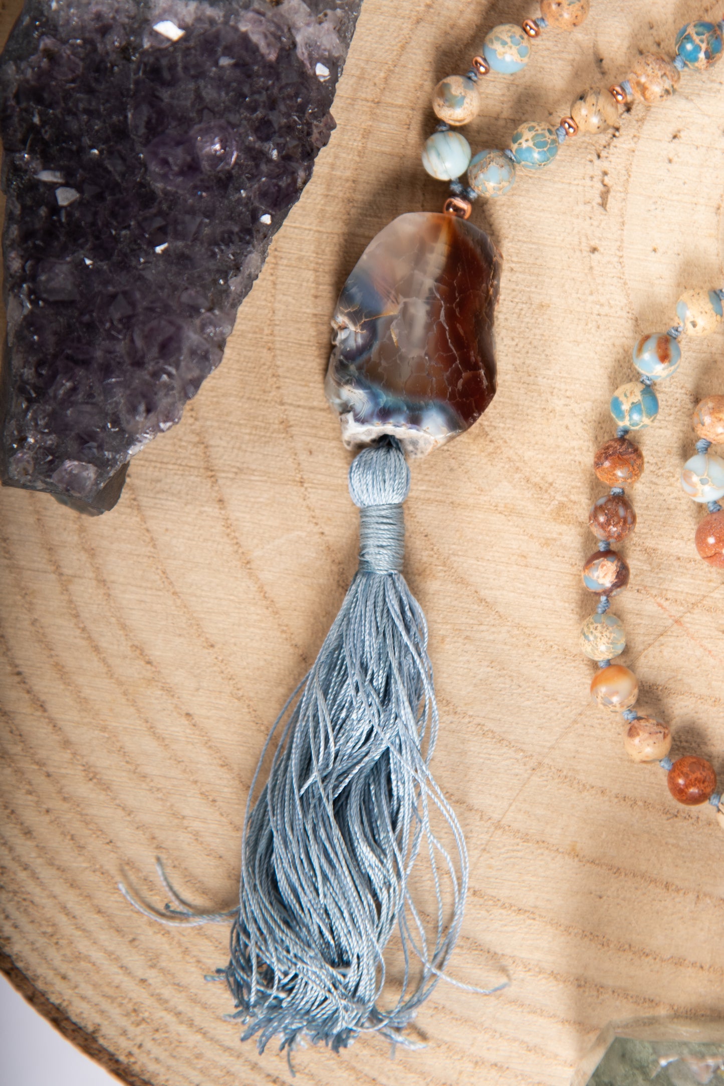 Mala per la meditazione in Diaspro imperiale, Pietra Guru Agata, Rame