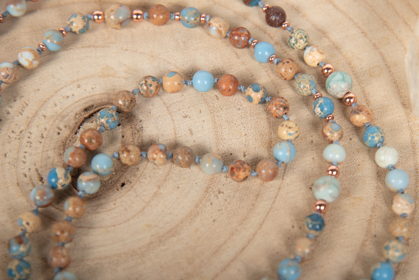 Mala per la meditazione in Diaspro imperiale, Pietra Guru Agata, Rame