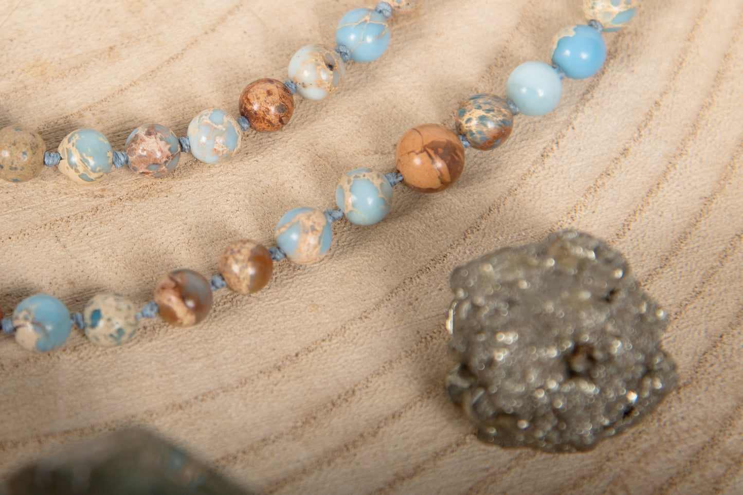 Mala per la meditazione in Diaspro imperiale, Pietra Guru Agata, Rame