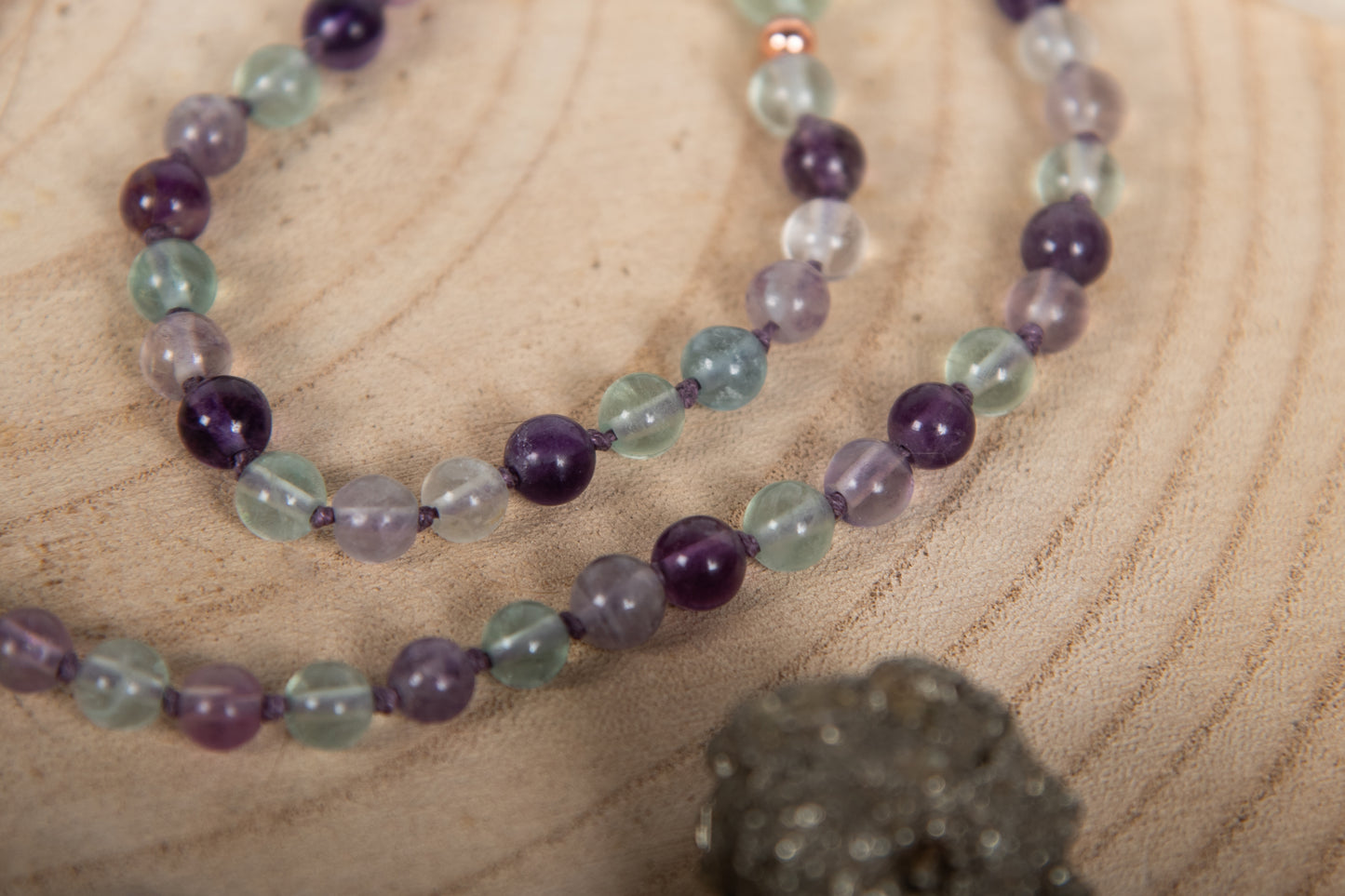 Mala 108 da meditazione in Fluorite, Pietra Guru Fluorite, Rame