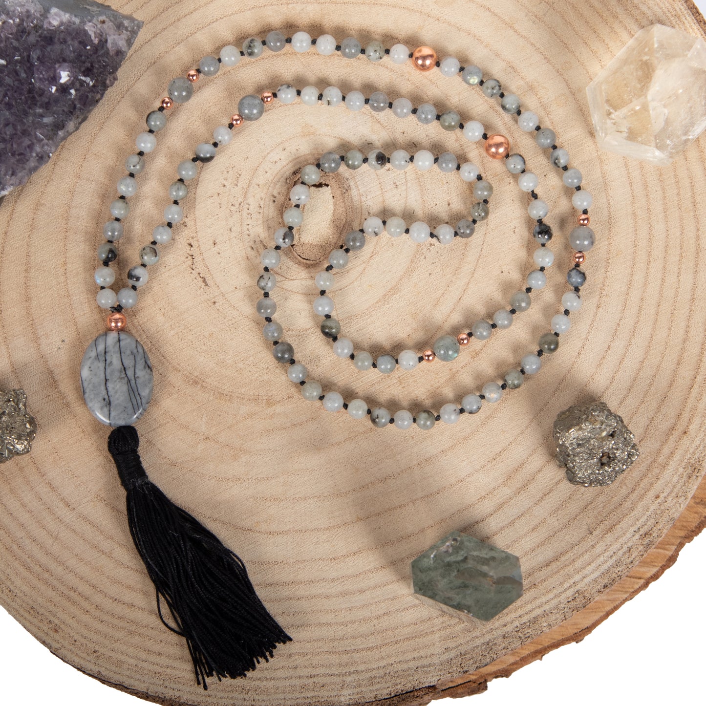 Mala Pietra di luna arcobaleno Labradorite, Pietra guru Diaspro zebrato, Rame