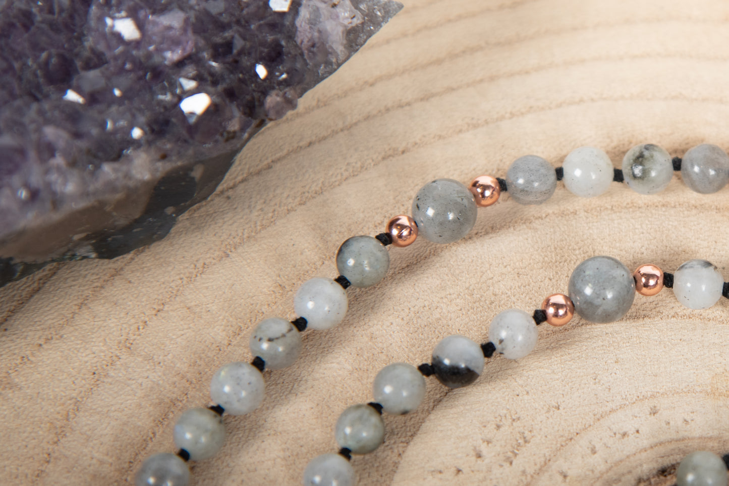 Mala Pietra di luna arcobaleno Labradorite, Pietra guru Diaspro zebrato, Rame