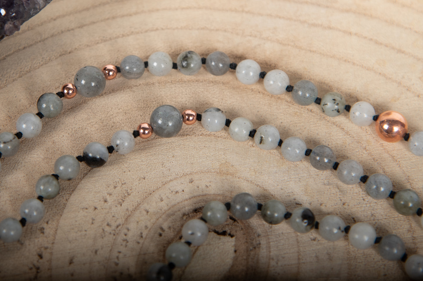 Mala Pietra di luna arcobaleno Labradorite, Pietra guru Diaspro zebrato, Rame