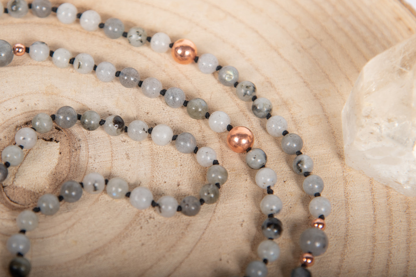 Mala Pietra di luna arcobaleno Labradorite, Pietra guru Diaspro zebrato, Rame