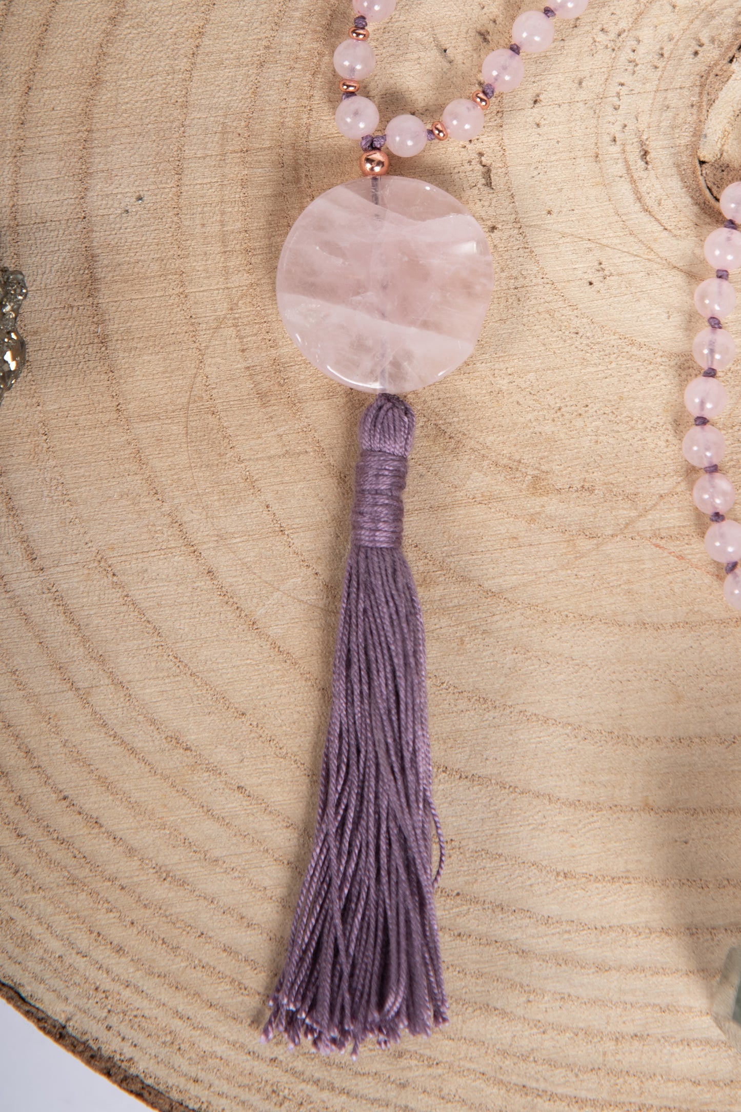 Mala con cristalli naturali di Quarzo rosa, Pietra Guru Quarzo rosa, Rame