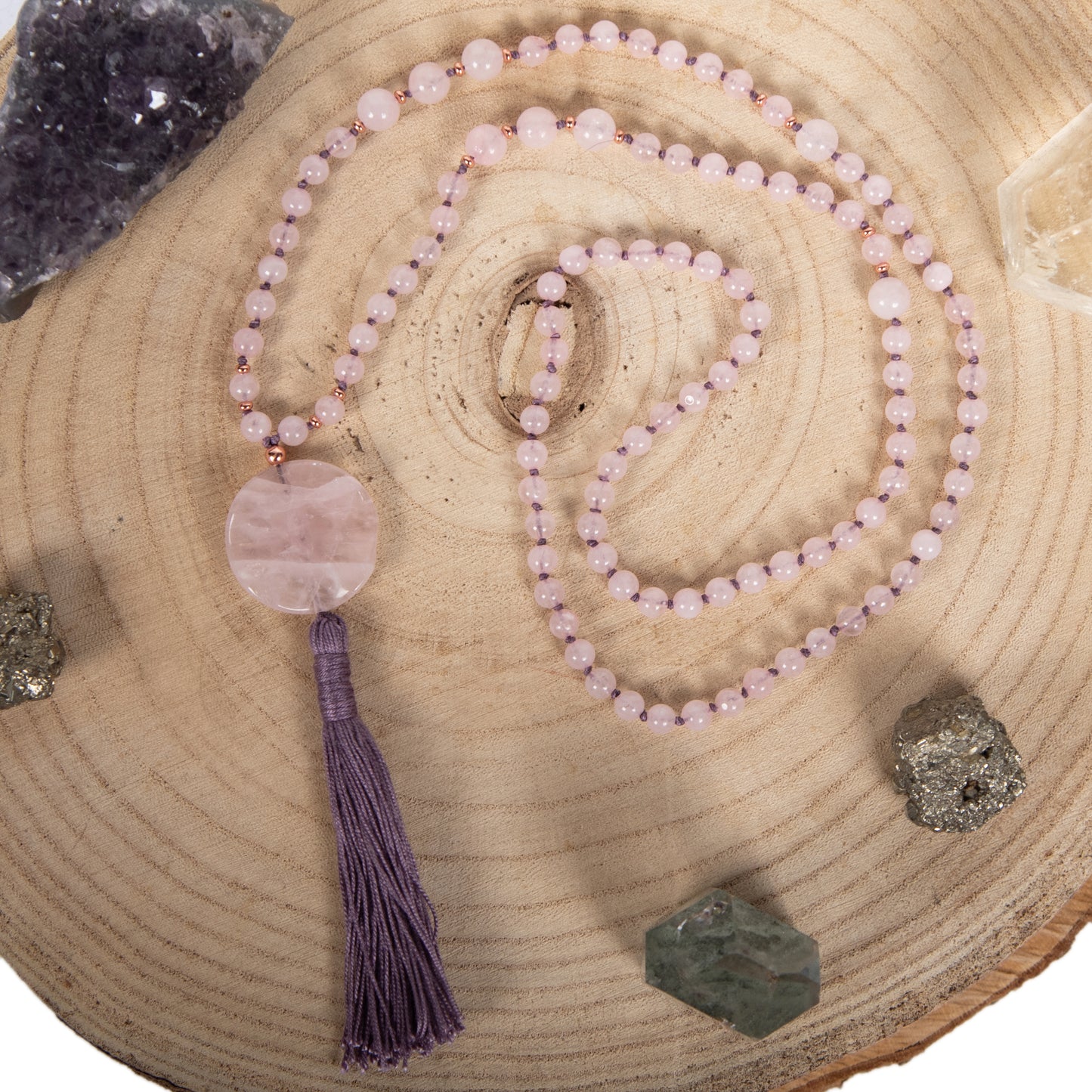 Mala con cristalli naturali di Quarzo rosa, Pietra Guru Quarzo rosa, Rame