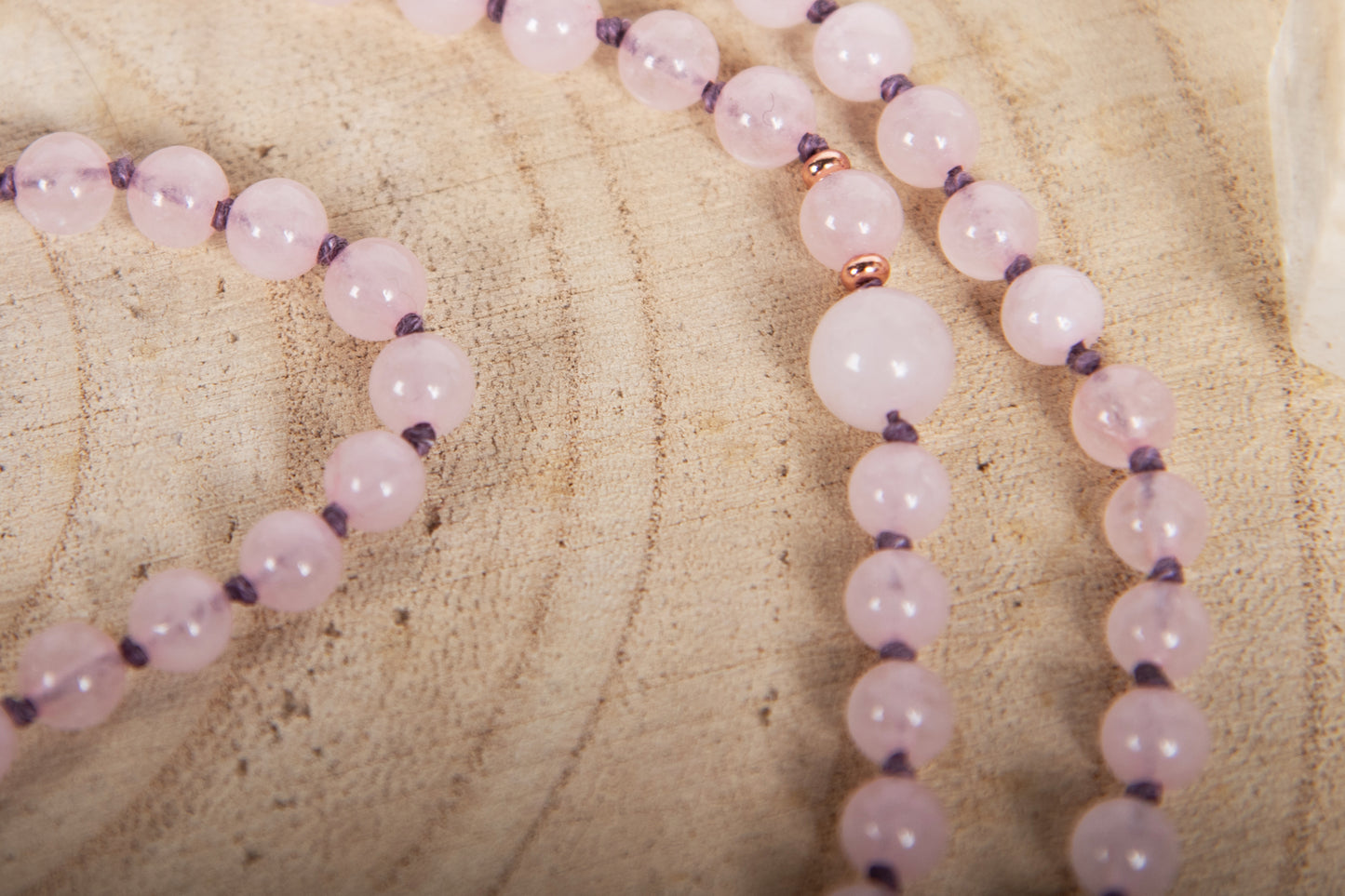 Mala con cristalli naturali di Quarzo rosa, Pietra Guru Quarzo rosa, Rame