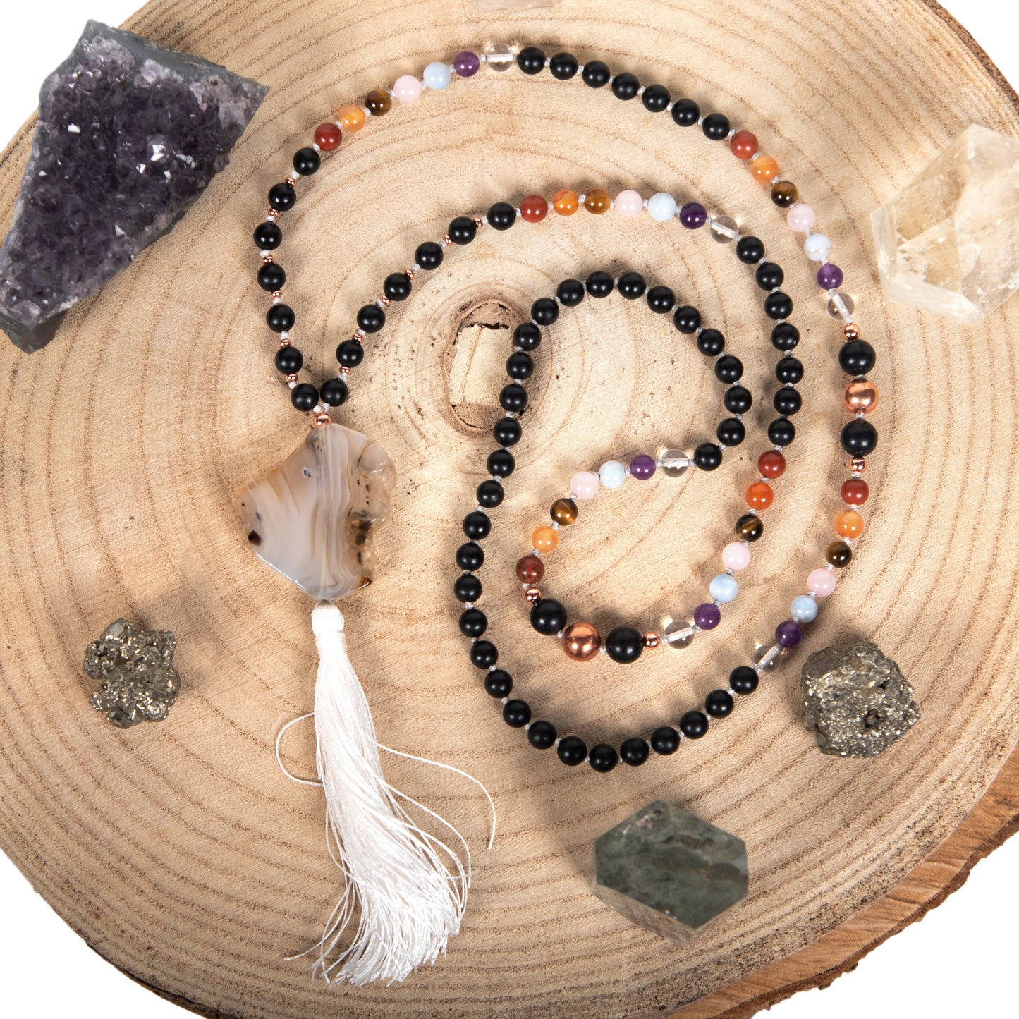 Mala con pietre dure di Shungite e Pietre 7 Chakra, Pietra Guru Agata Muschiata bianca del Montana, Rame