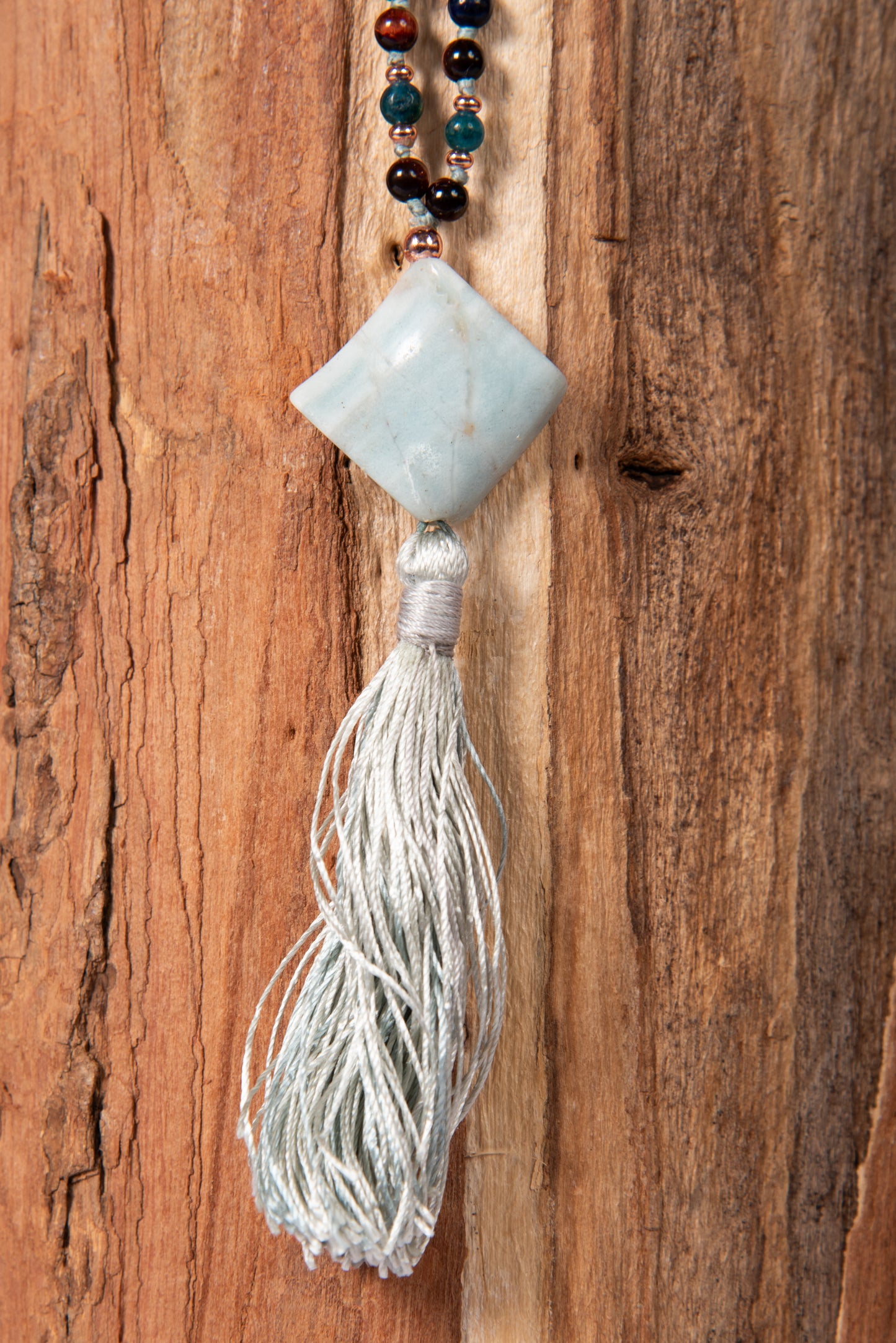 Mala con 108 perle di Occhio di bue, Amazzonite, Lapislazzuli, Apatite, Perla Guru Amazzonite