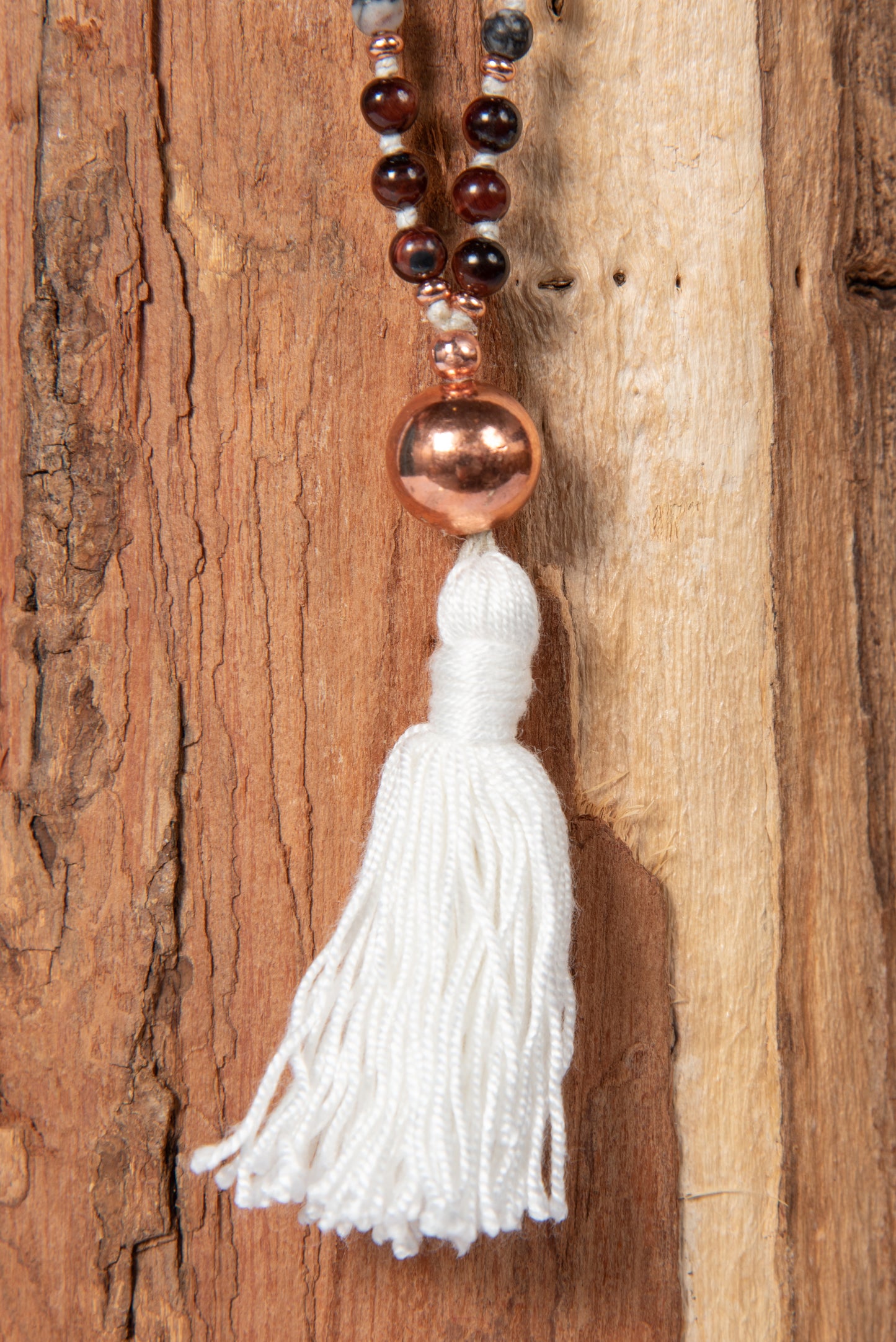 Mala con 108 perle di Howlite, Agata bianca, Diaspro zebrato, Occhio di bue, Perla Guru rame