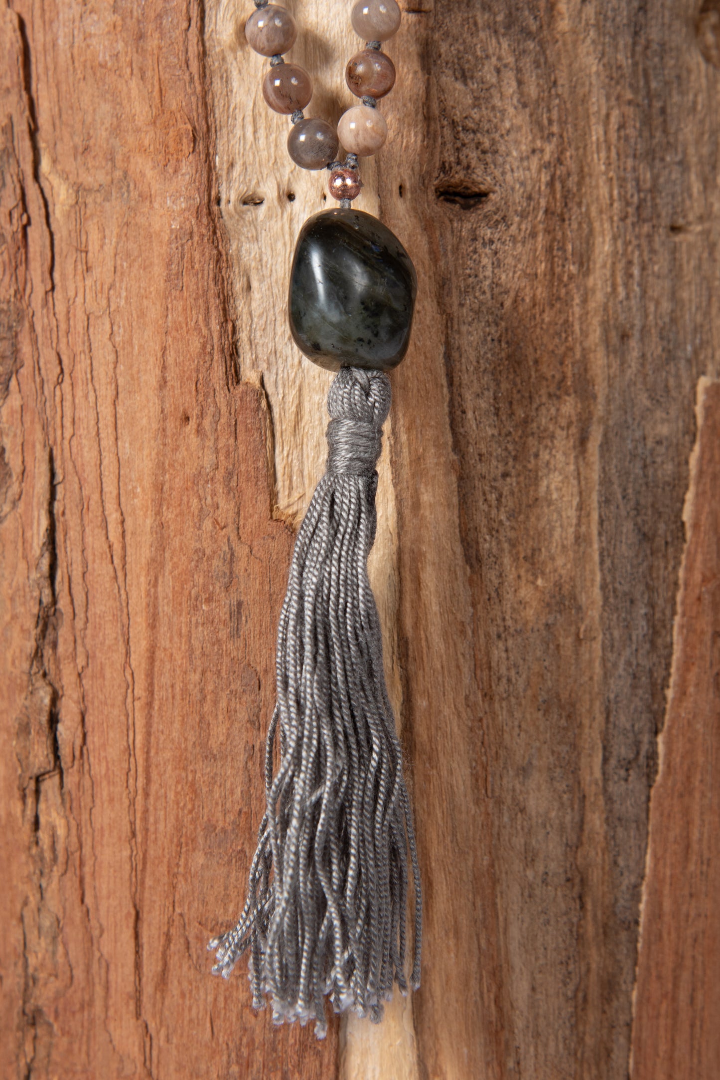 Mala in Pietra di luna nera naturale, Pietra Guru Labradorite, Rame