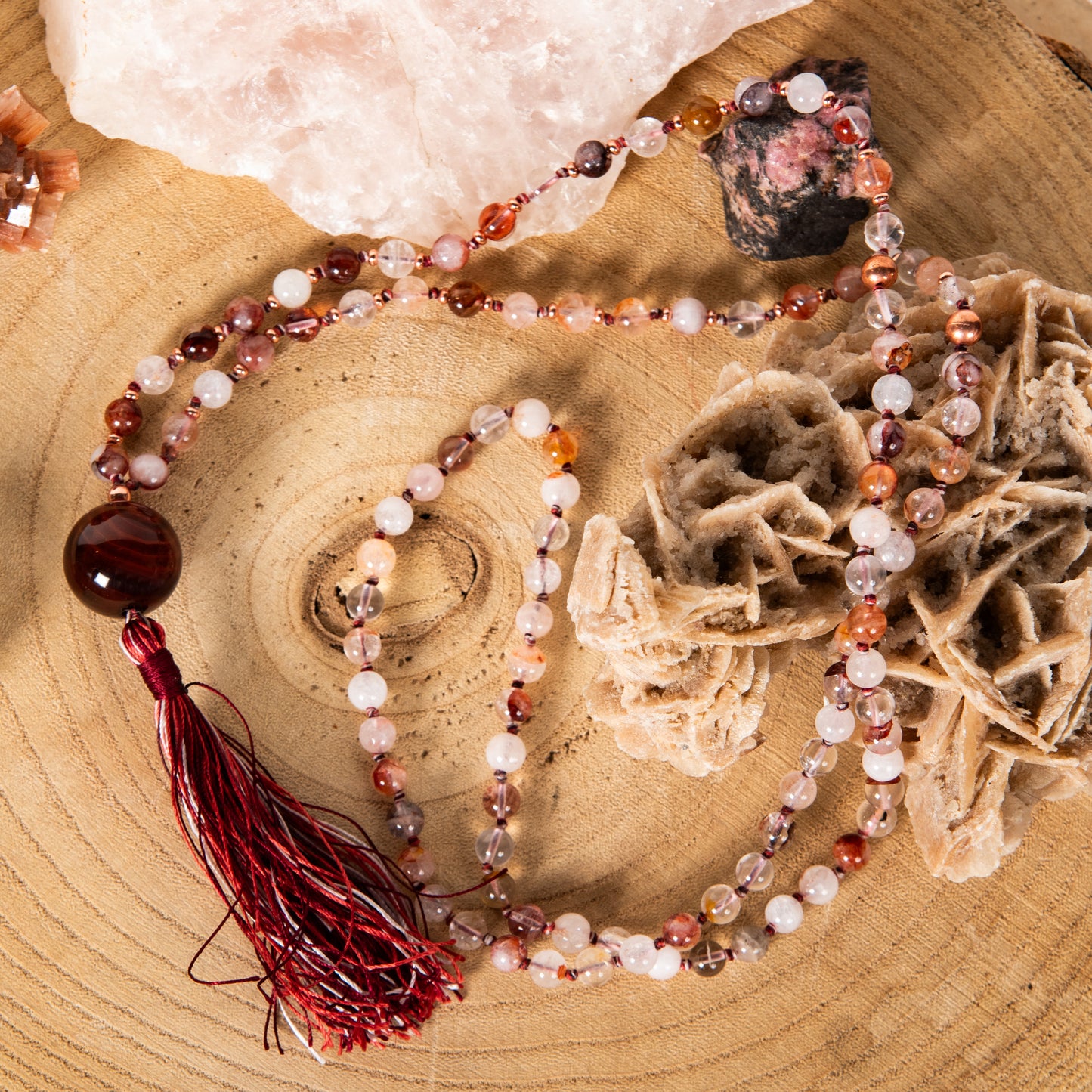 Mala in Quarzo Ematoide, Pietra Guru Agata rossa, Rame
