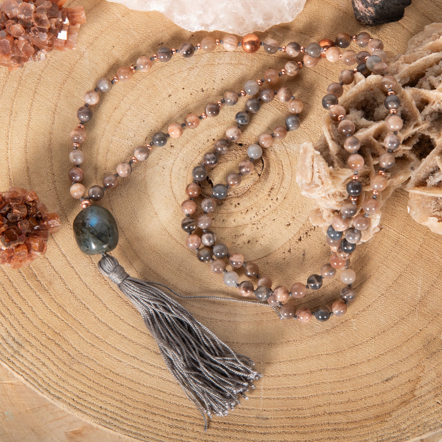 Mala in Pietra di luna nera naturale, Pietra Guru Labradorite, Rame