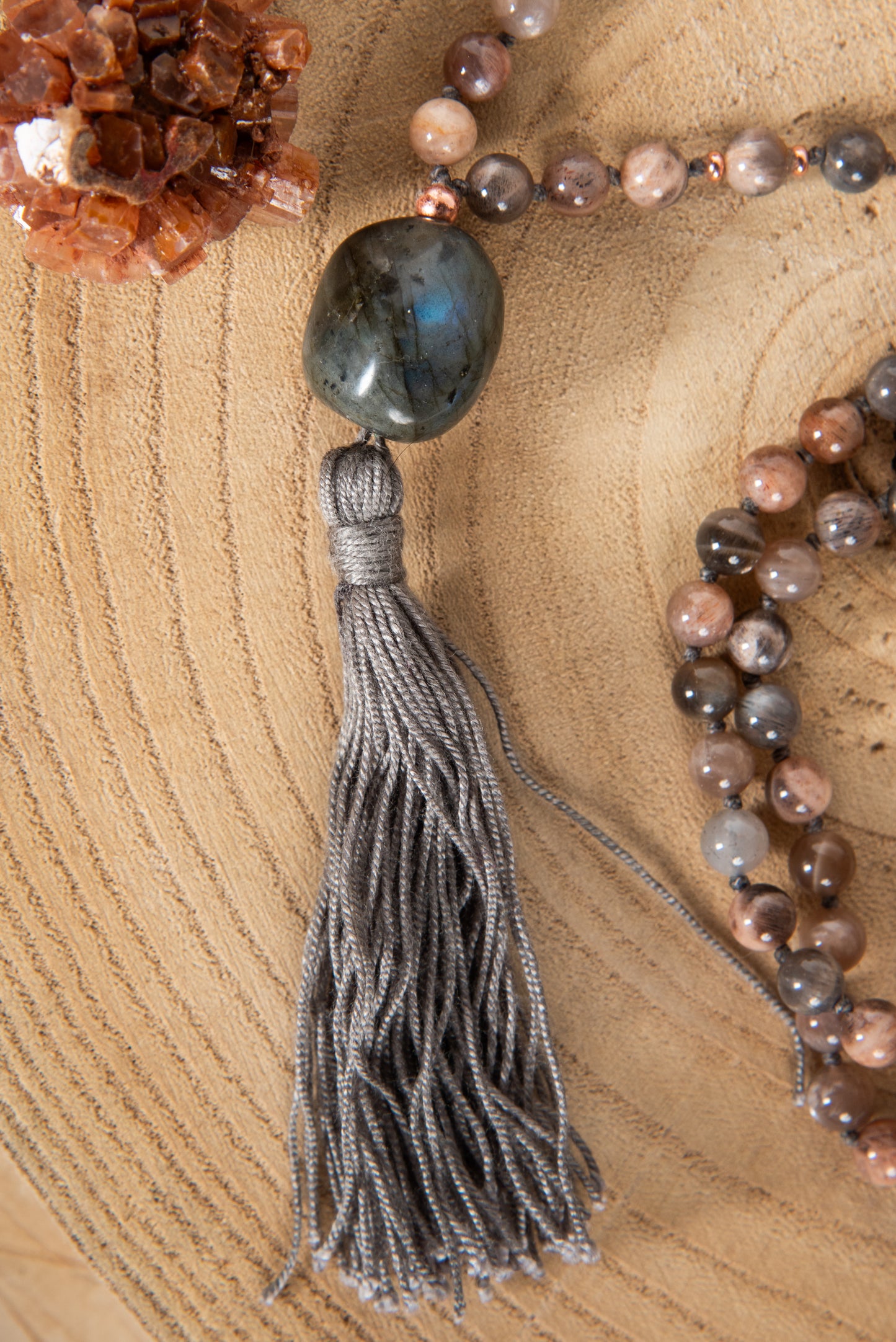 Mala in Pietra di luna nera naturale, Pietra Guru Labradorite, Rame