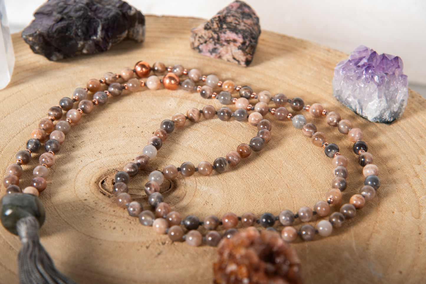 Mala in Pietra di luna nera naturale, Pietra Guru Labradorite, Rame