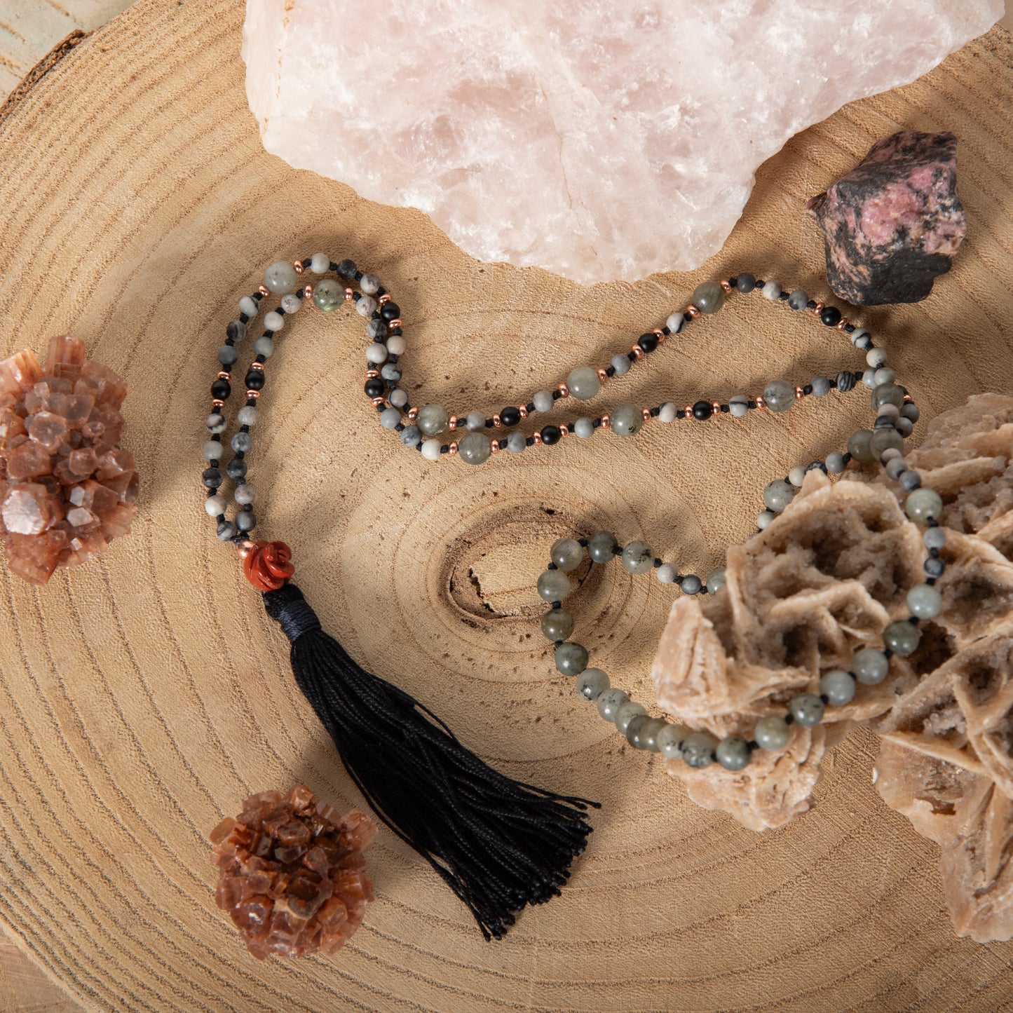Mala con 108 perle di Pietra di luna arcobaleno Labradorite, Shungite, Diaspro zebrato, Perla Guru Diaspro rosso