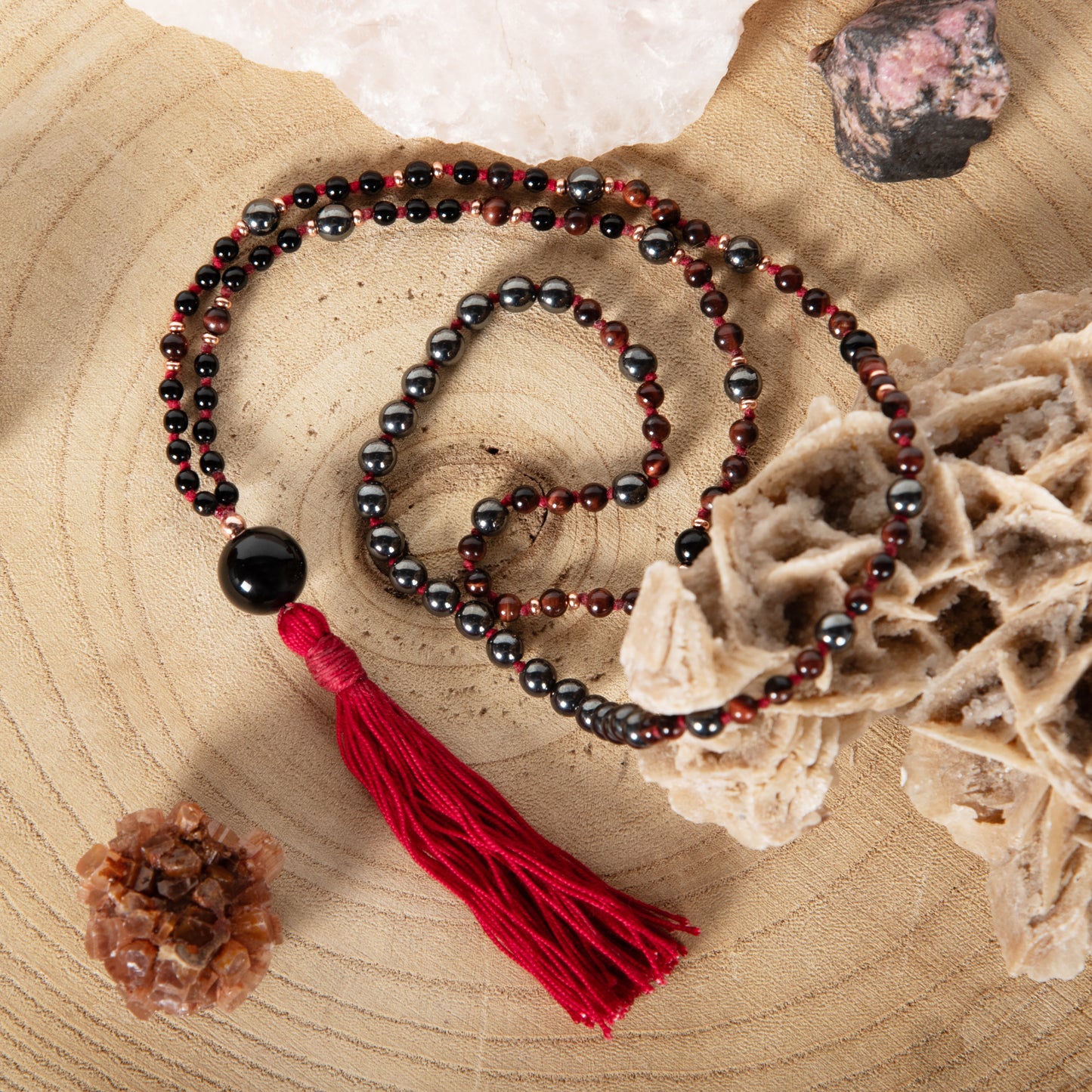 Mala con 108 perle di Onice, Occhio di bue, Ematite, Perla Guru Onice e rame