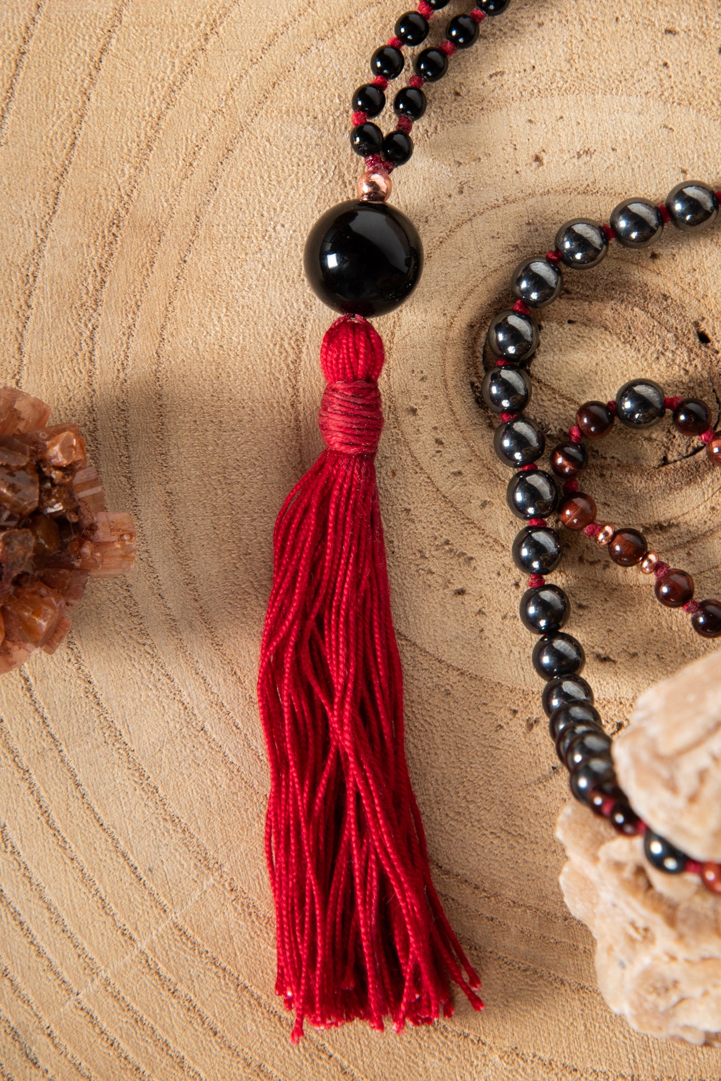 Mala con 108 perle di Onice, Occhio di bue, Ematite, Perla Guru Onice e rame
