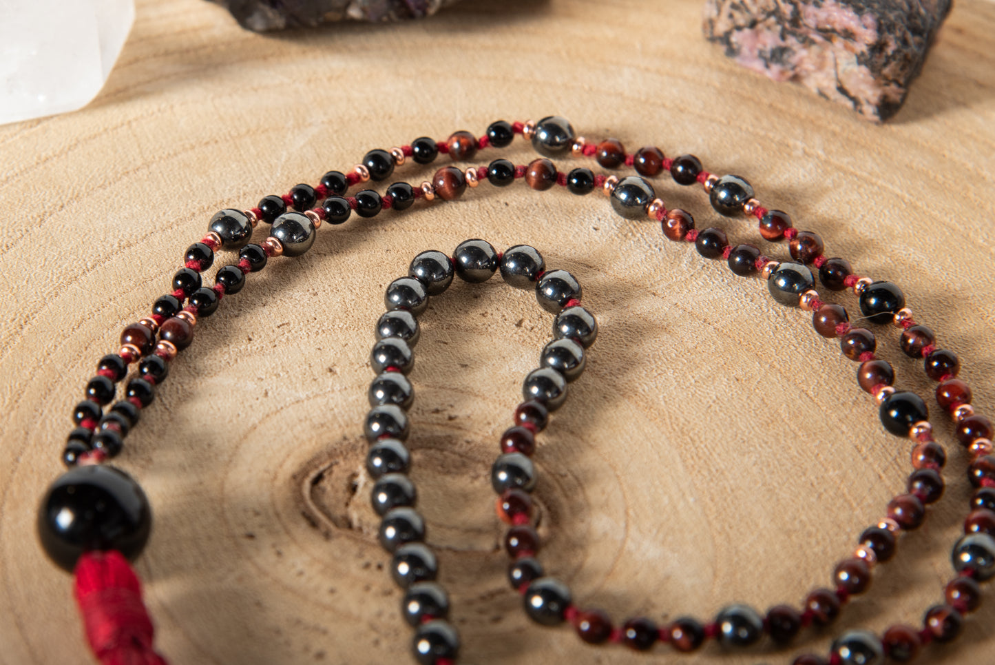 Mala con 108 perle di Onice, Occhio di bue, Ematite, Perla Guru Onice e rame