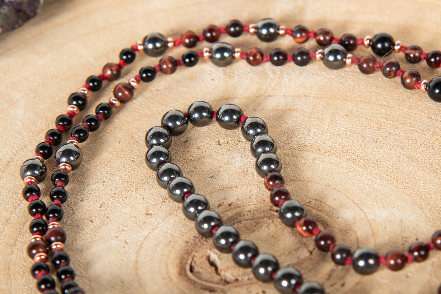 Mala con 108 perle di Onice, Occhio di bue, Ematite, Perla Guru Onice e rame