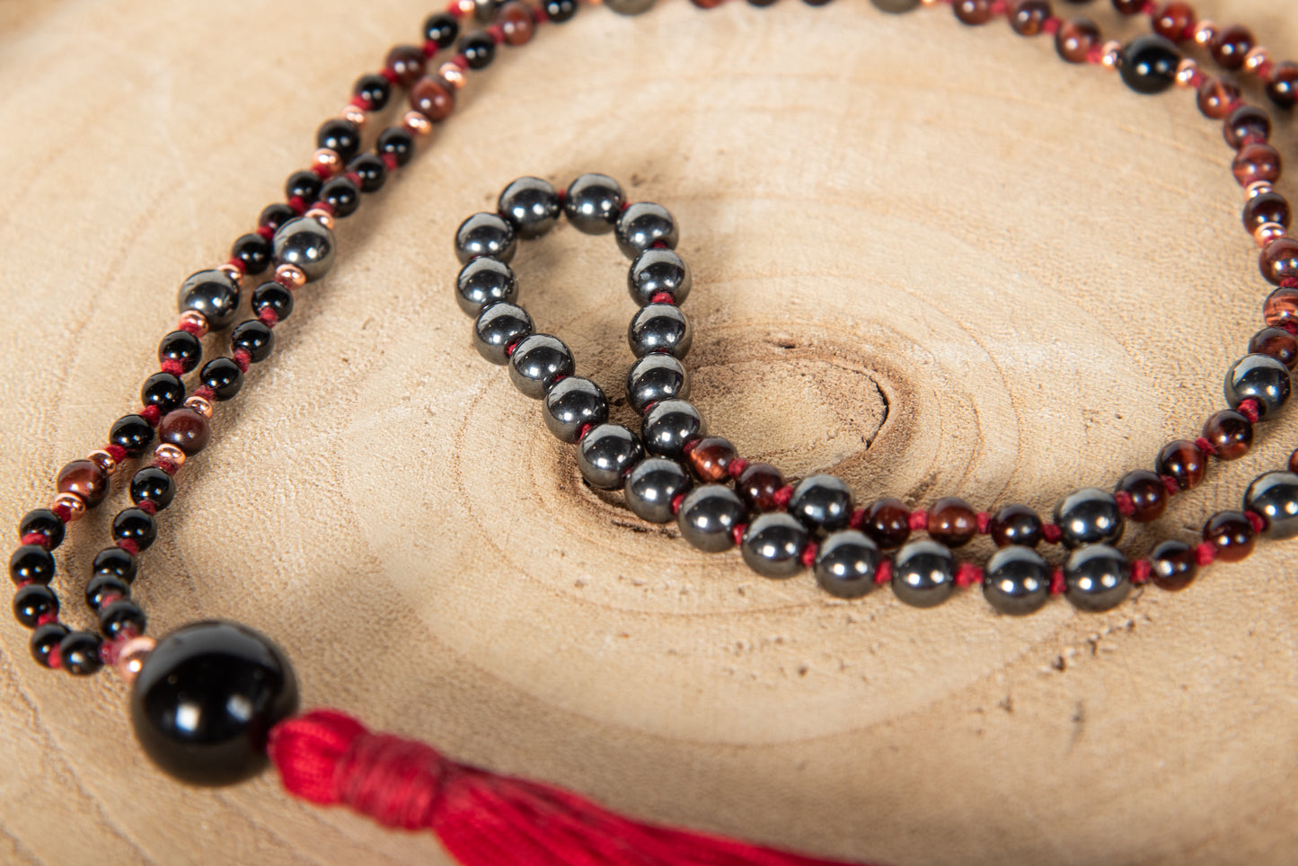 Mala con 108 perle di Onice, Occhio di bue, Ematite, Perla Guru Onice e rame