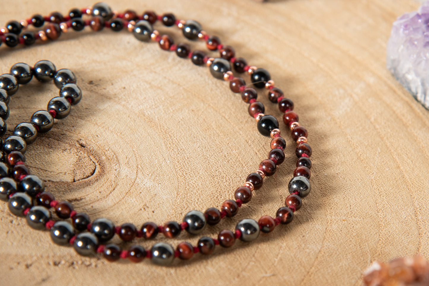 Mala con 108 perle di Onice, Occhio di bue, Ematite, Perla Guru Onice e rame