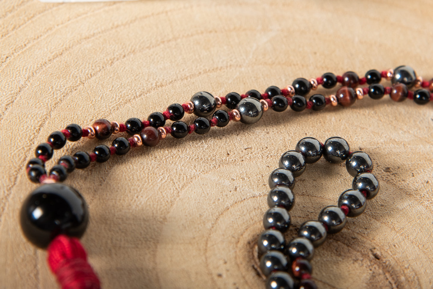 Mala con 108 perle di Onice, Occhio di bue, Ematite, Perla Guru Onice e rame