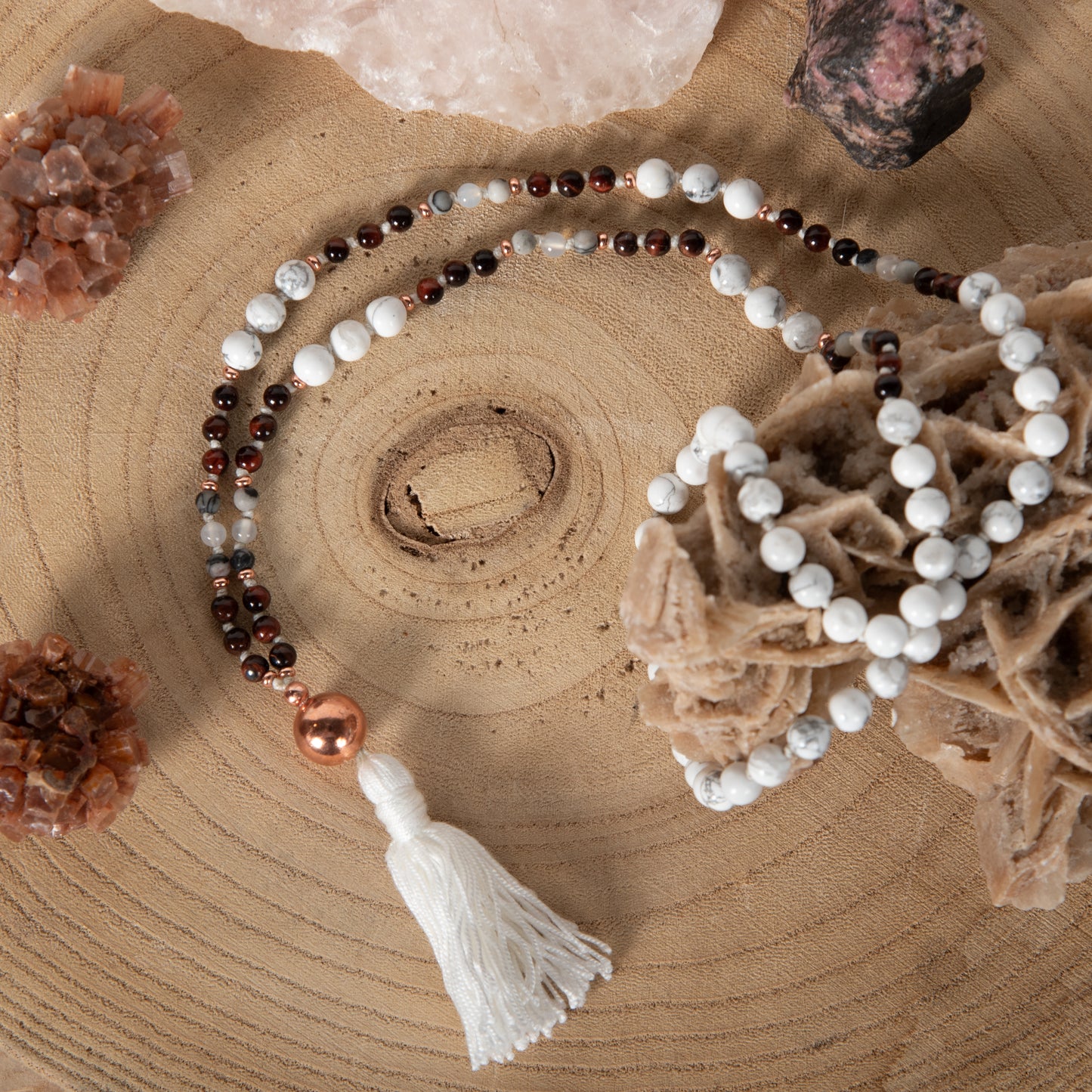 Mala con 108 perle di Howlite, Agata bianca, Diaspro zebrato, Occhio di bue, Perla Guru rame