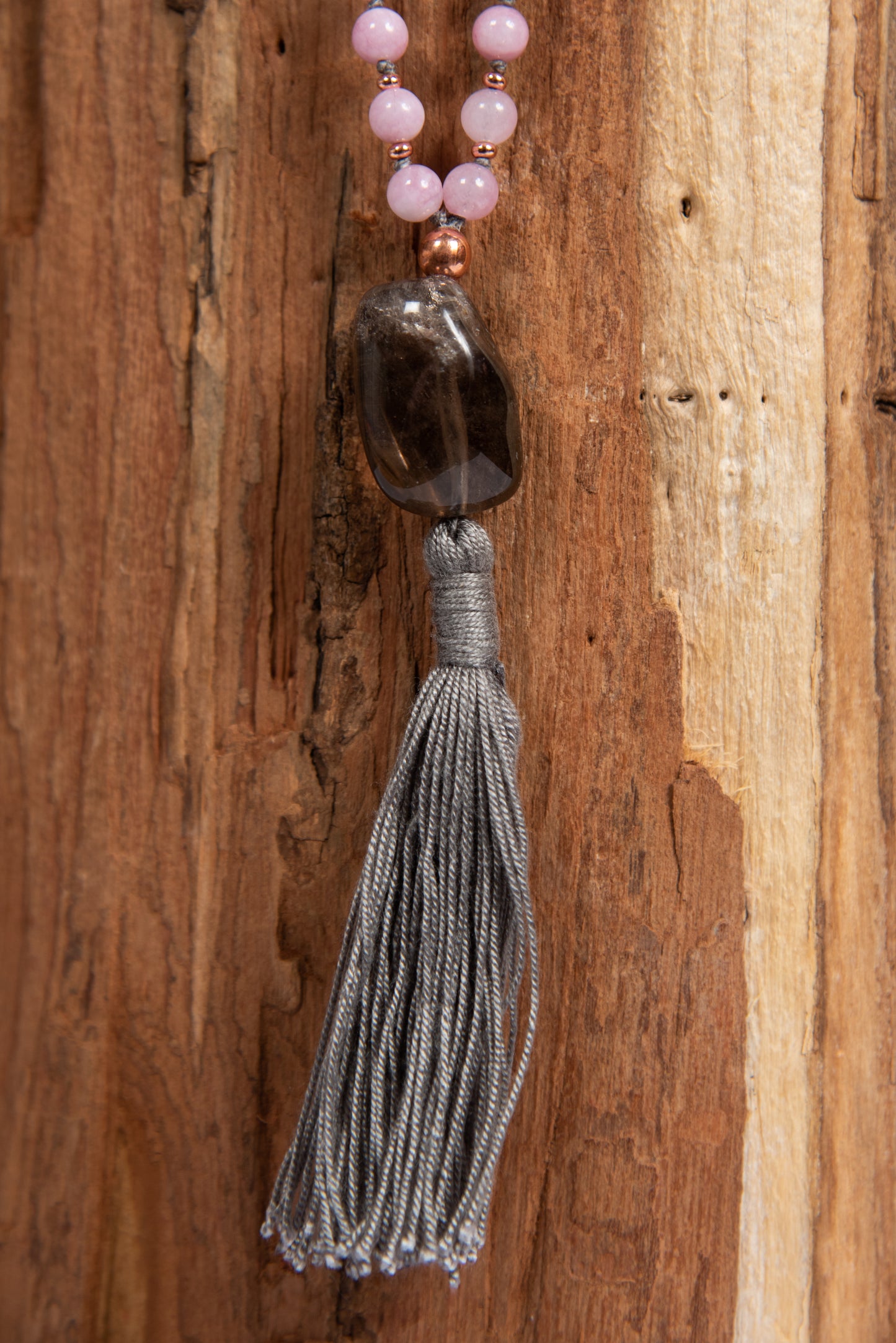 Mala collana con 108 perle di Kunzite, Pietra Guru Quarzo fantasma, Rame