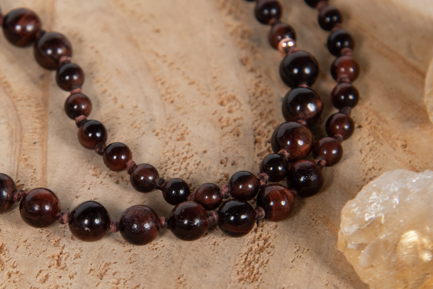 Mala con 108 perle di Occhio di bue, Perla Guru Rame