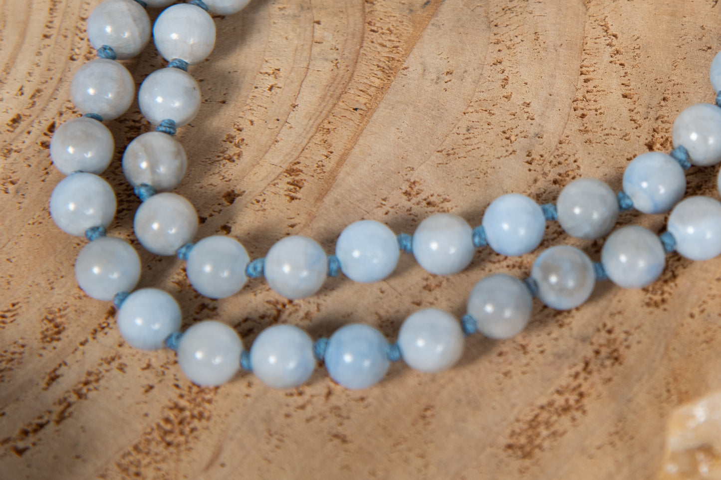 Mala da meditazione in Calcedonio azzurro, Pietra Guru Lapislazzuli, Rame