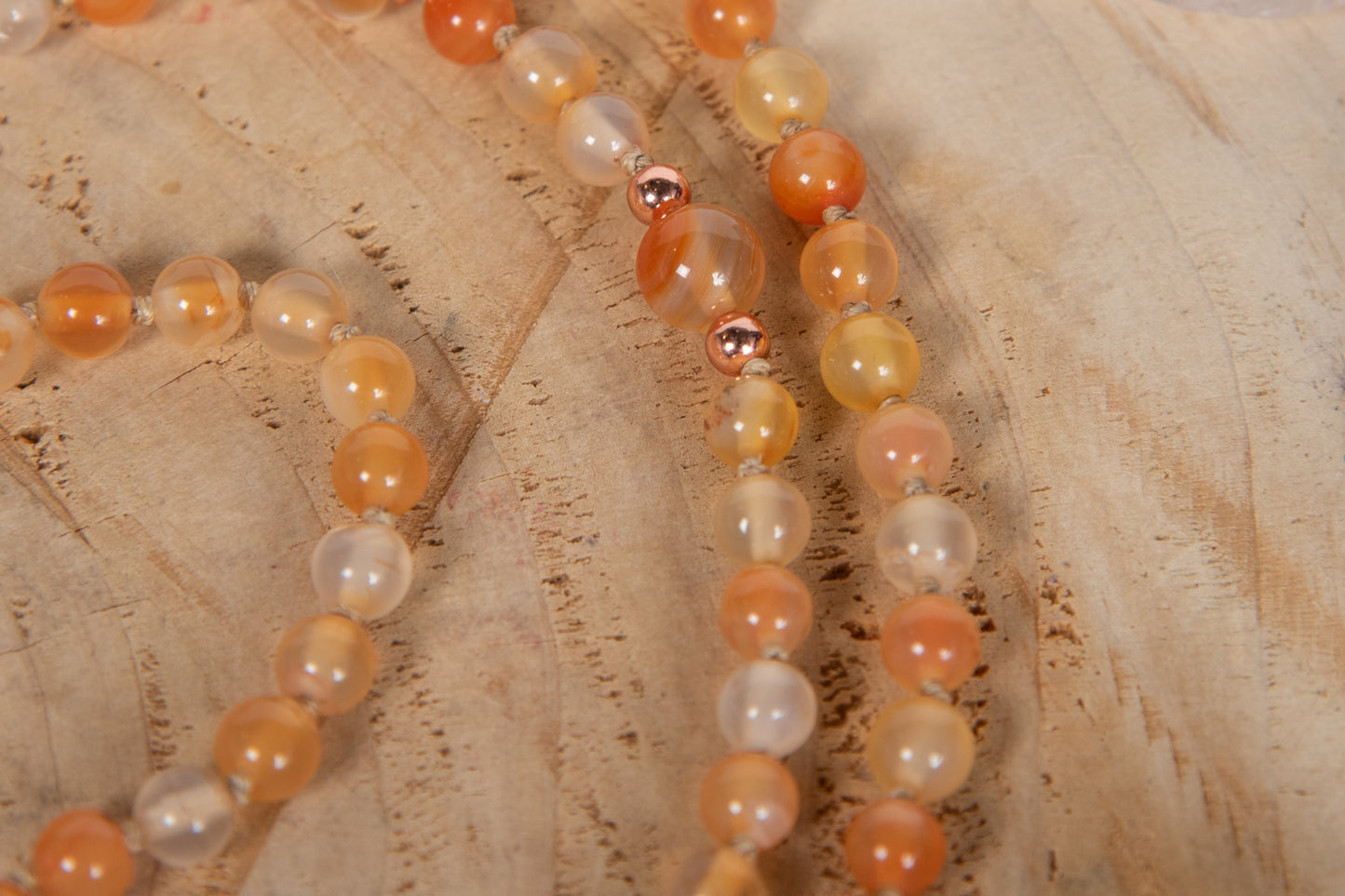 Mala da meditazione in Corniola, Pietra Guru Agata pelle di serpente, Rame