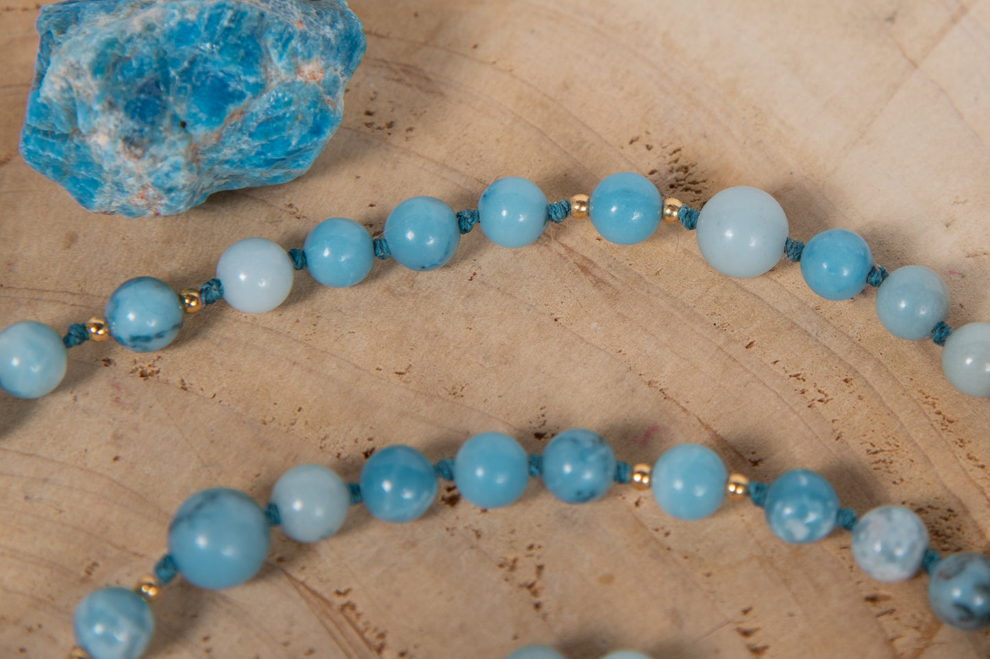 Mala da meditazione in Larimar, Pietra Guru Acquamarina, Argento dorato 925, Placcato Oro 14kt