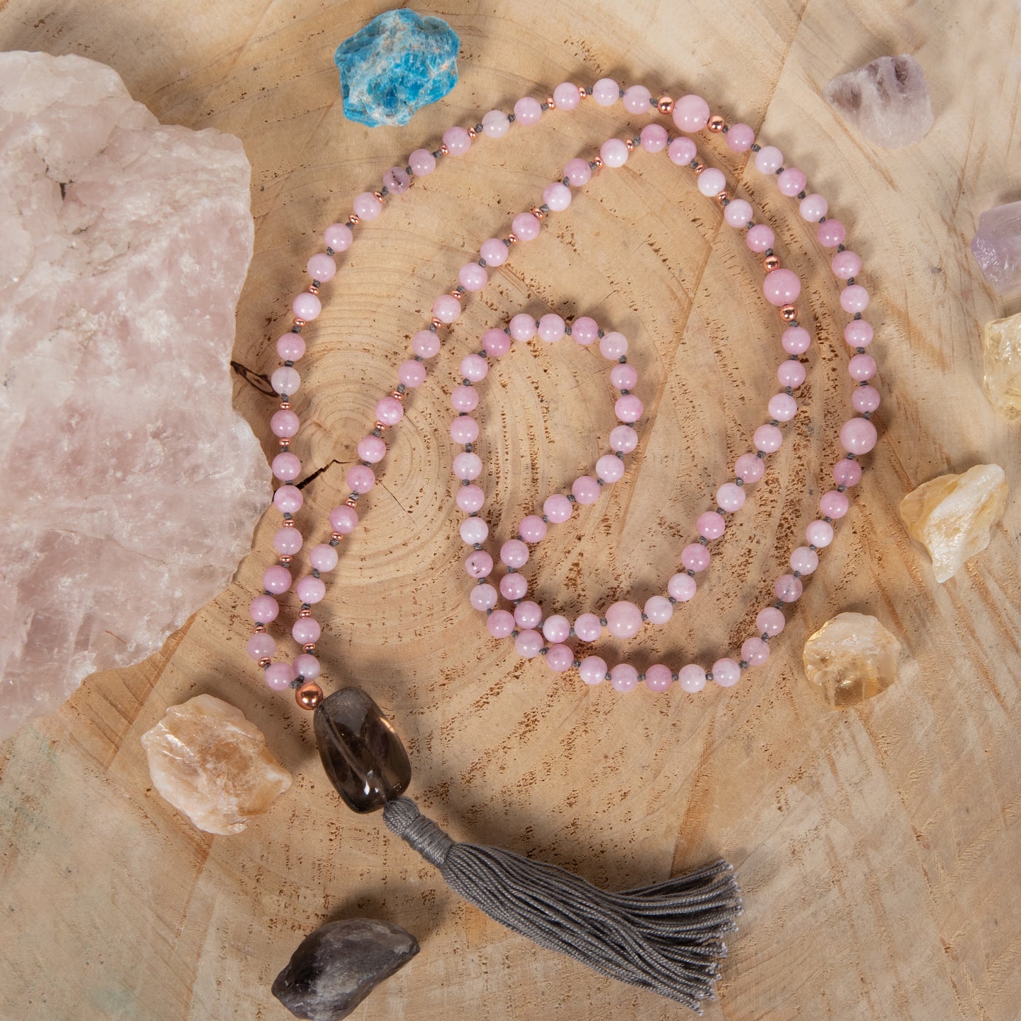 Mala collana con 108 perle di Kunzite, Pietra Guru Quarzo fantasma, Rame