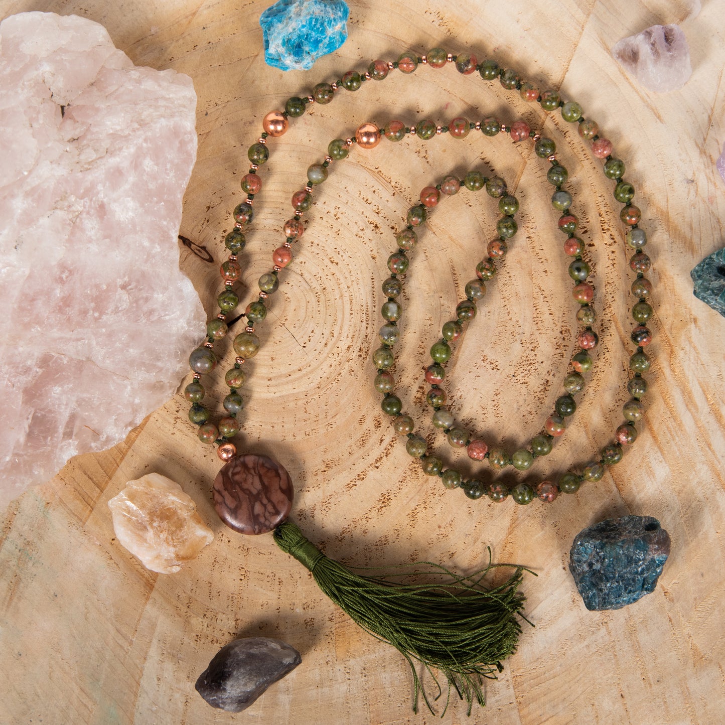Mala con 108 perle di Unakite, Pietra Guru Diaspro, Rame