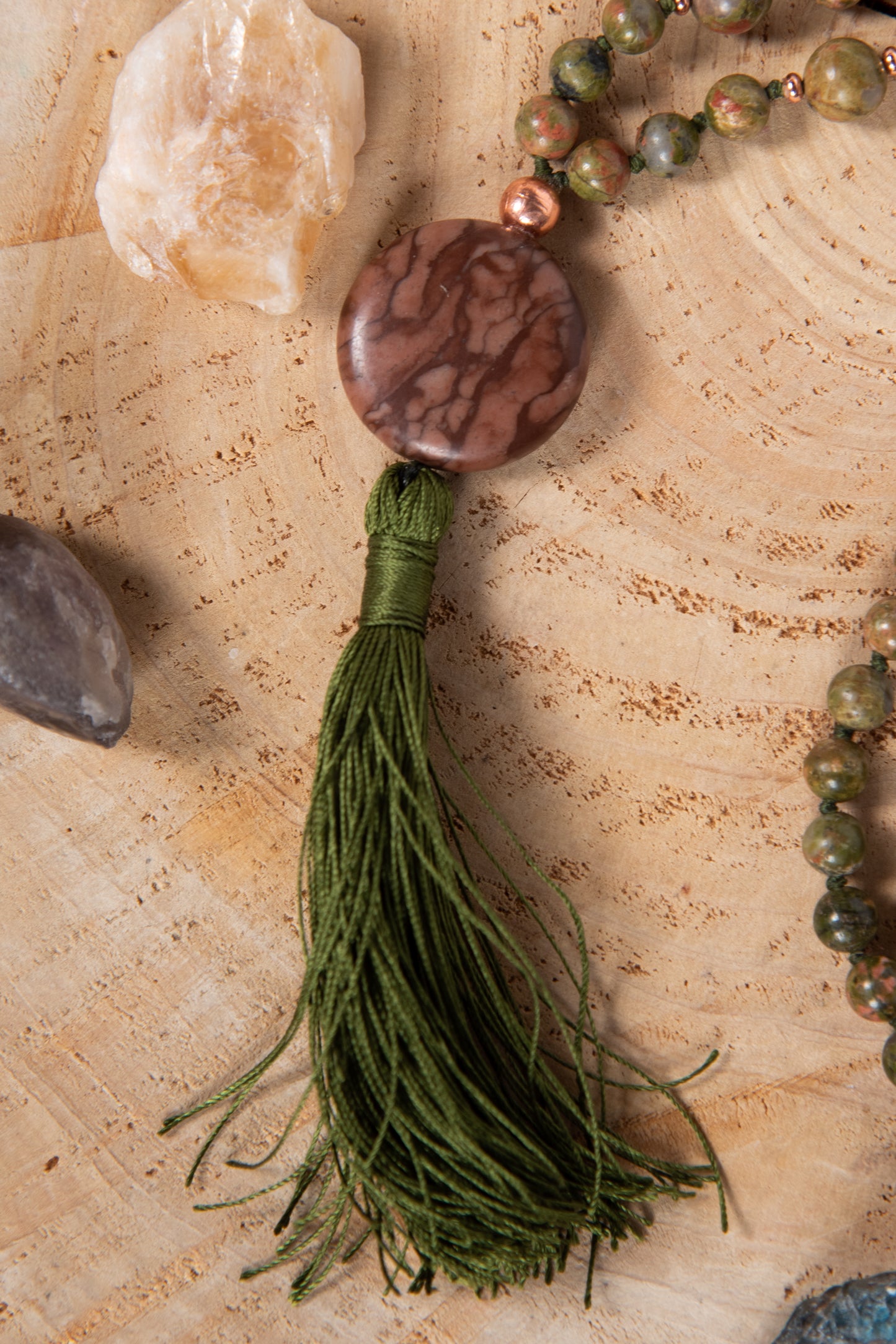 Mala con 108 perle di Unakite, Pietra Guru Diaspro, Rame