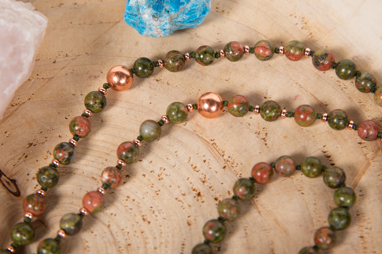 Mala con 108 perle di Unakite, Pietra Guru Diaspro, Rame