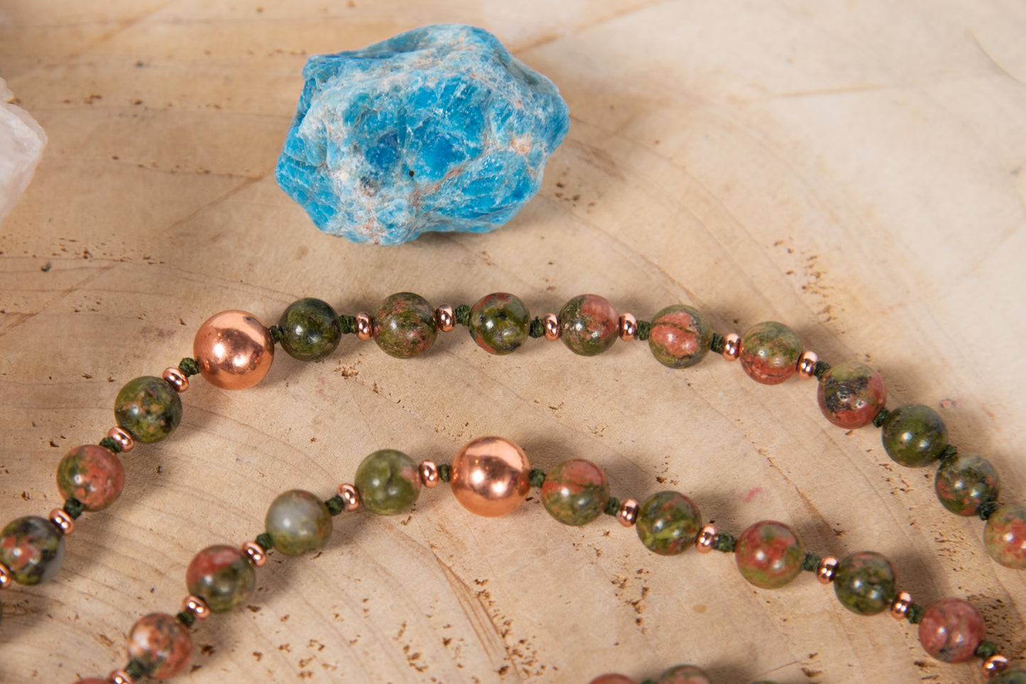 Mala con 108 perle di Unakite, Pietra Guru Diaspro, Rame