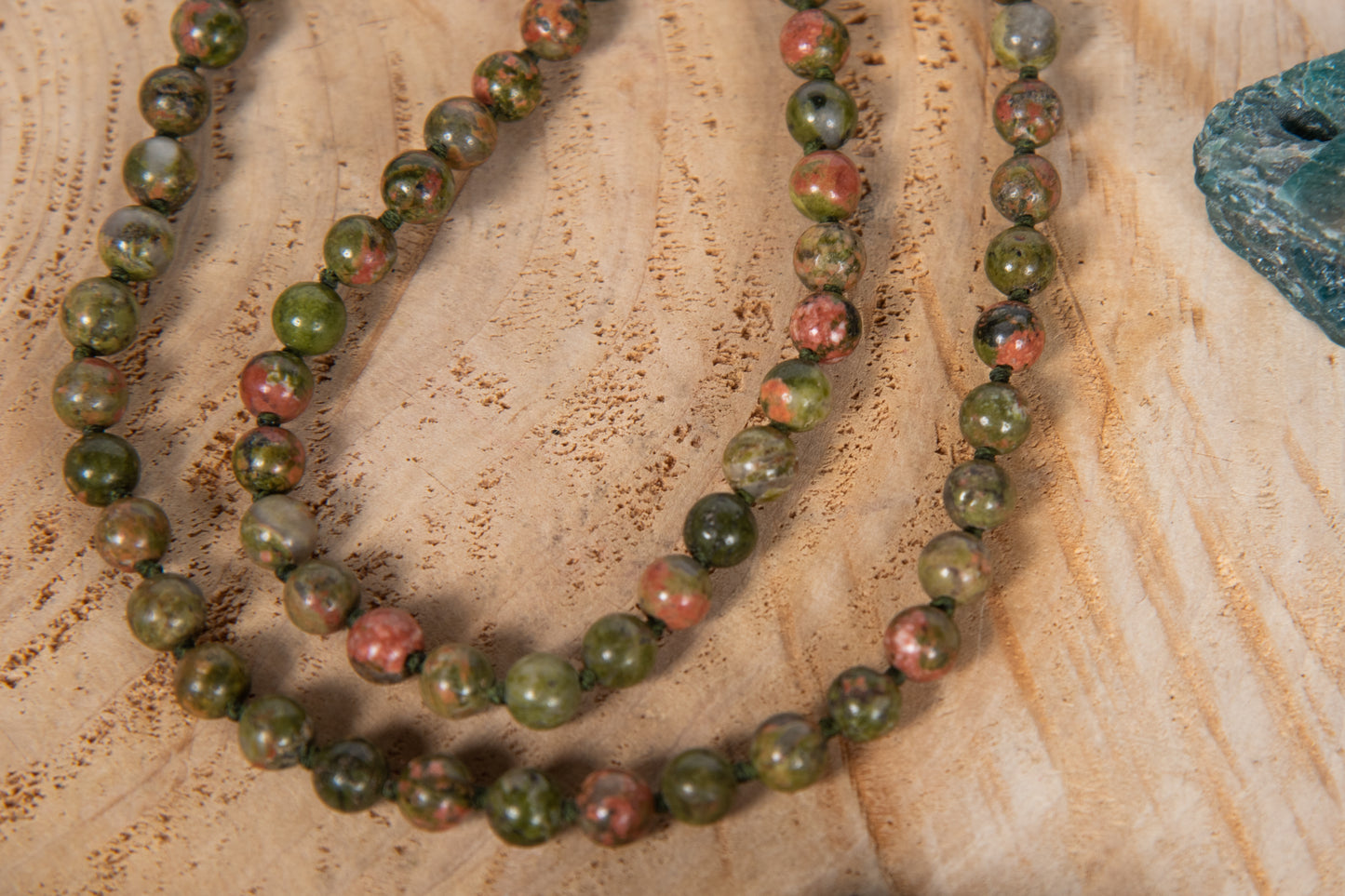 Mala con 108 perle di Unakite, Pietra Guru Diaspro, Rame