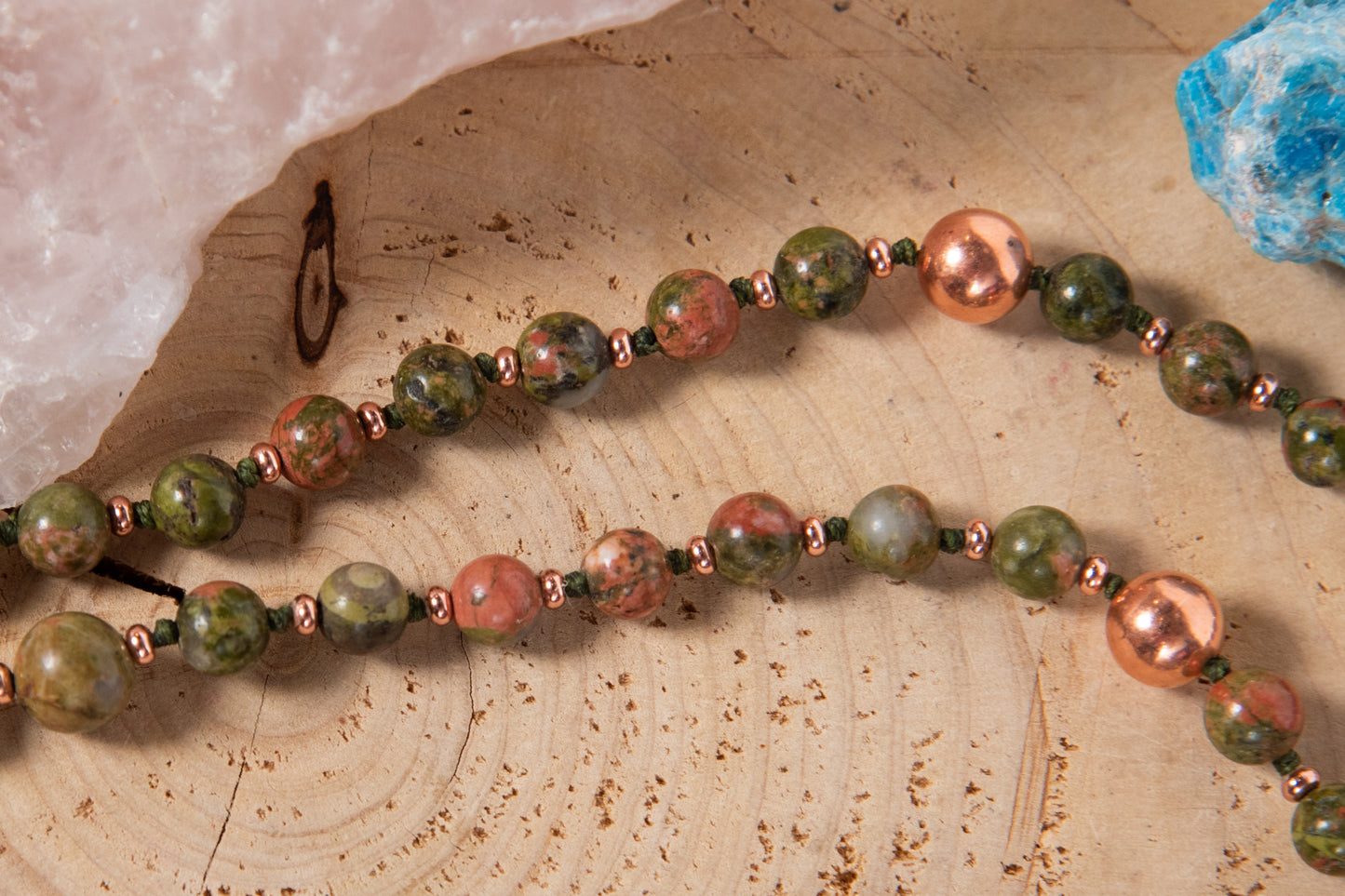 Mala con 108 perle di Unakite, Pietra Guru Diaspro, Rame