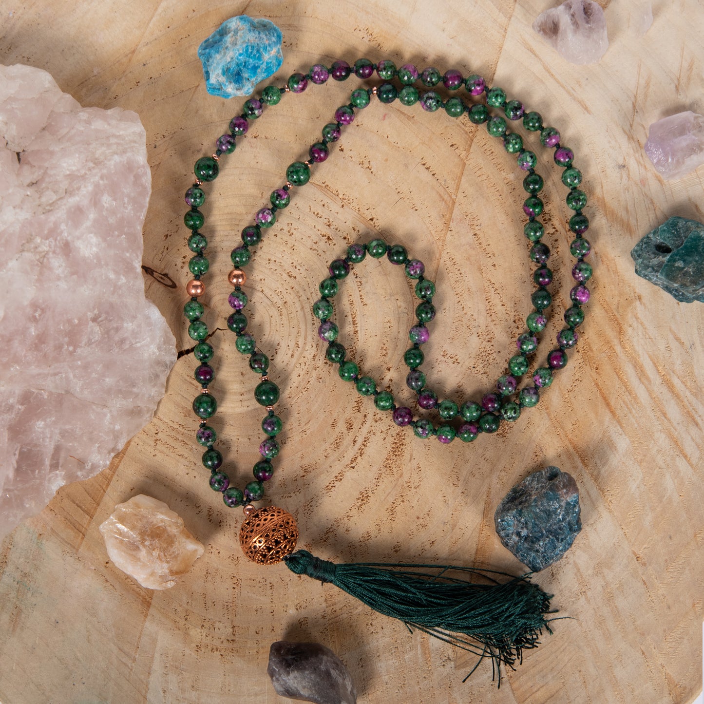 Mala collana con 108 perle di Zoisite, Perla Guru Rame