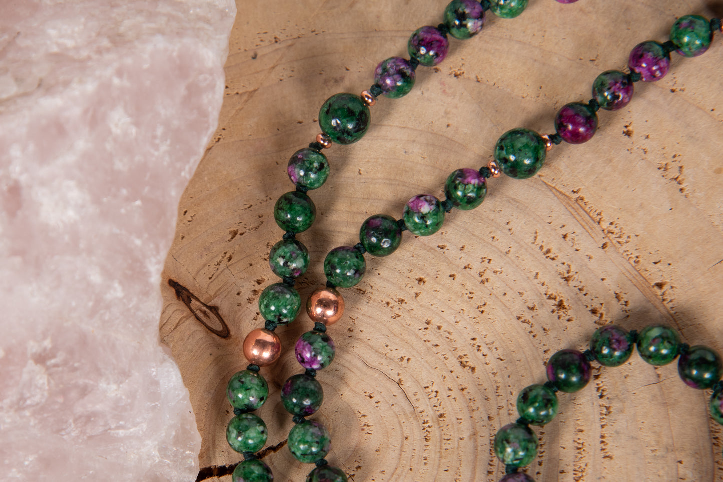 Mala collana con 108 perle di Zoisite, Perla Guru Rame