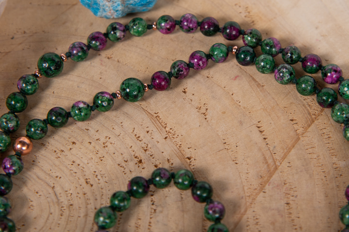Mala collana con 108 perle di Zoisite, Perla Guru Rame