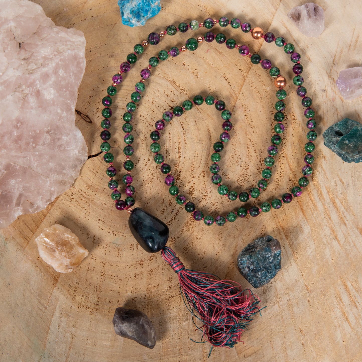 Mala con 108 perle di Zoisite, Pietra Guru Fluorite, Rame