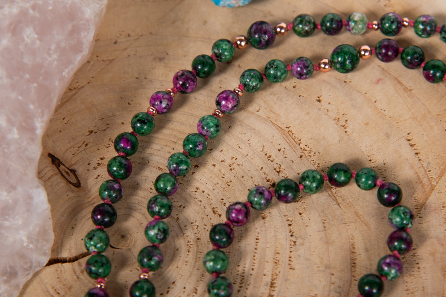 Mala con 108 perle di Zoisite, Pietra Guru Fluorite, Rame