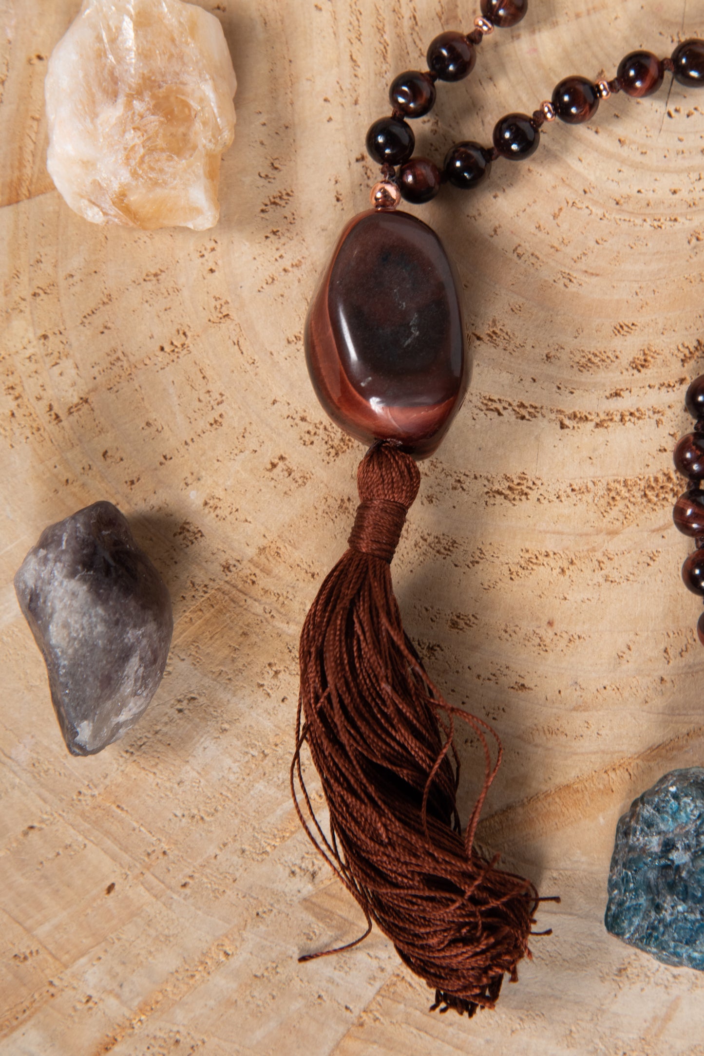 Mala con 108 perle di Occhio di bue, Pietra Guru Occhio di bue, Rame