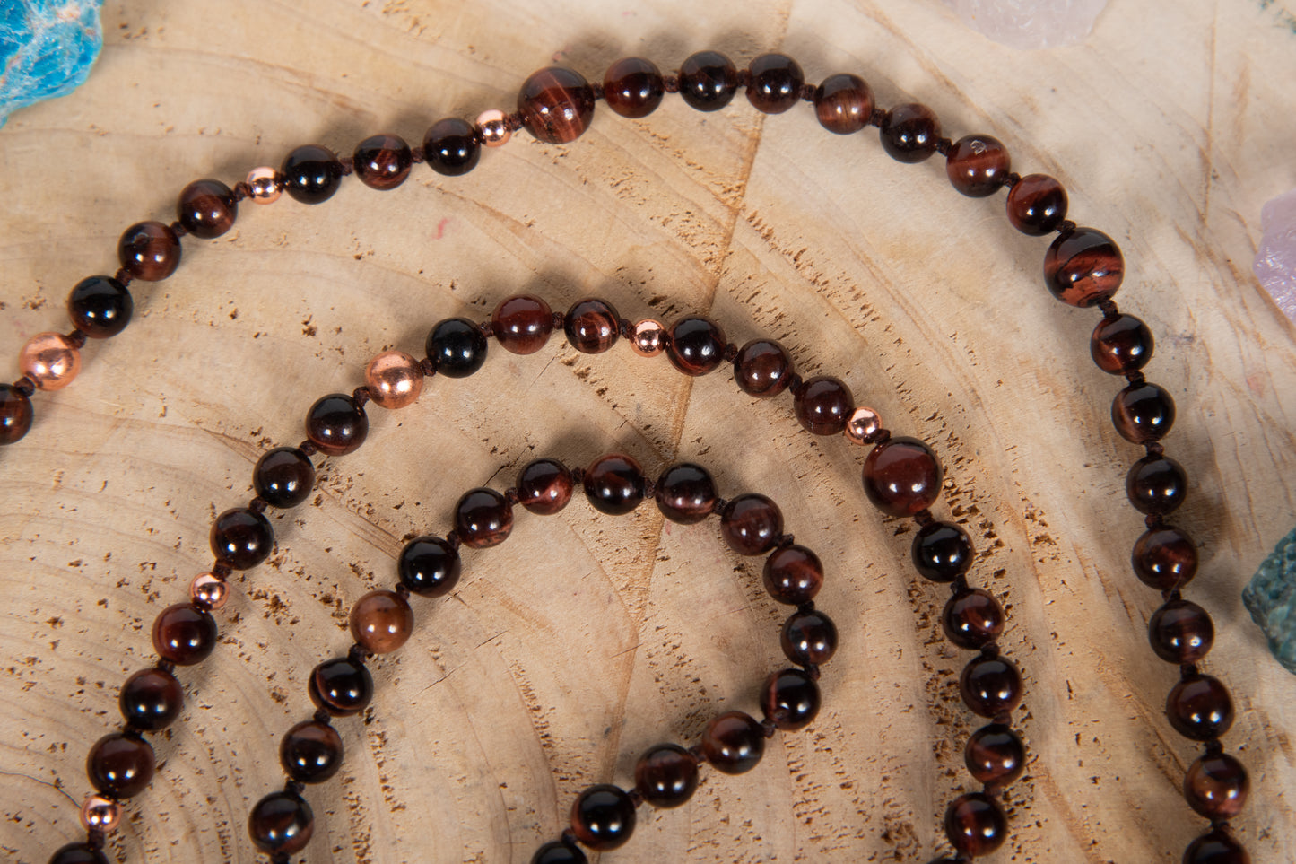 Mala con 108 perle di Occhio di bue, Pietra Guru Occhio di bue, Rame