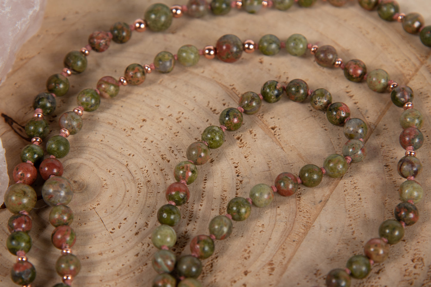 Mala collana con 108 perle di Unakite, Pietra Guru Buddha Giada