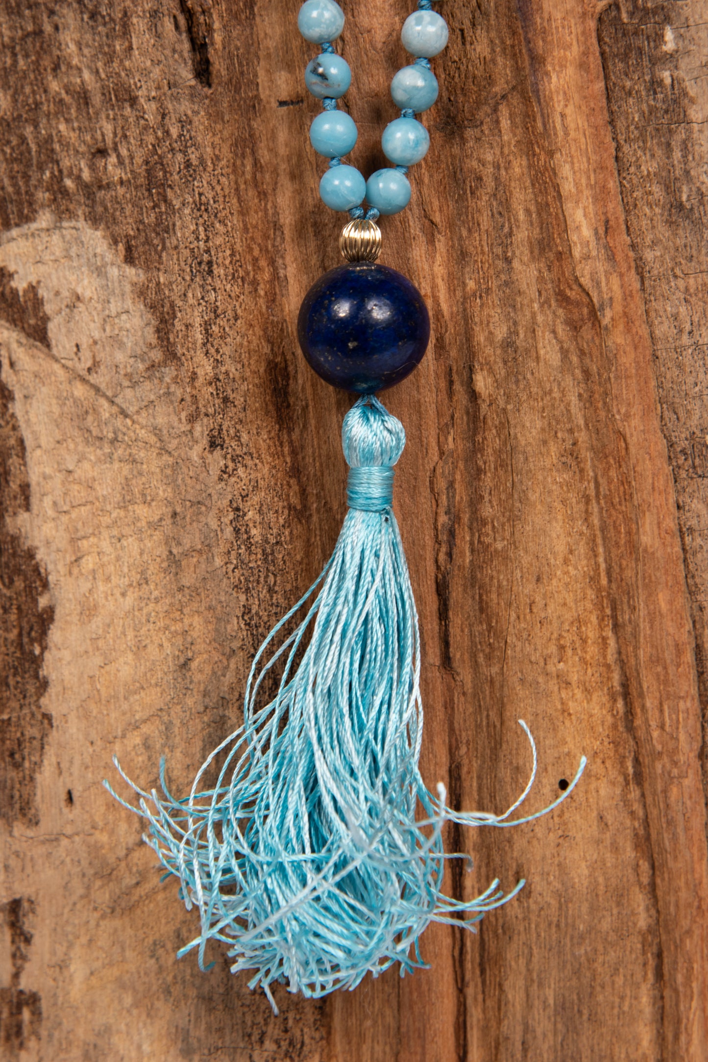 Mala da meditazione in Larimar, Pietra Guru Lapislazzuli, Argento dorato 925, Placcato Oro 14kt