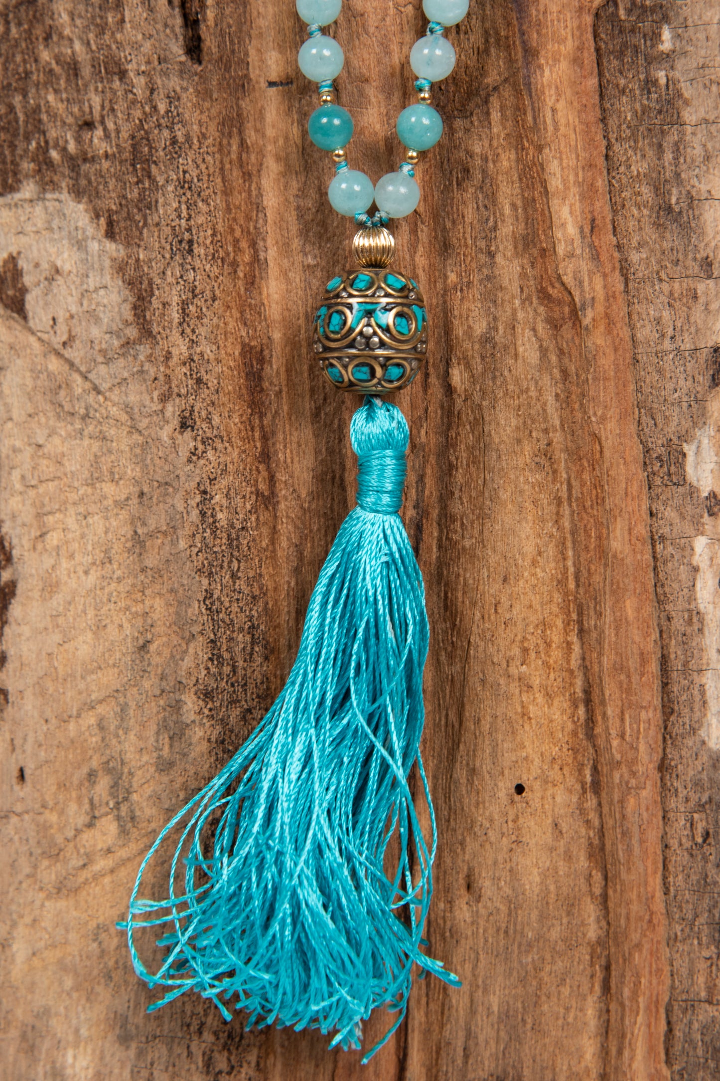Mala da meditazione in Amazzonite, Perla Guru tibetana, Argento dorato 925, Placcato Oro 14kt